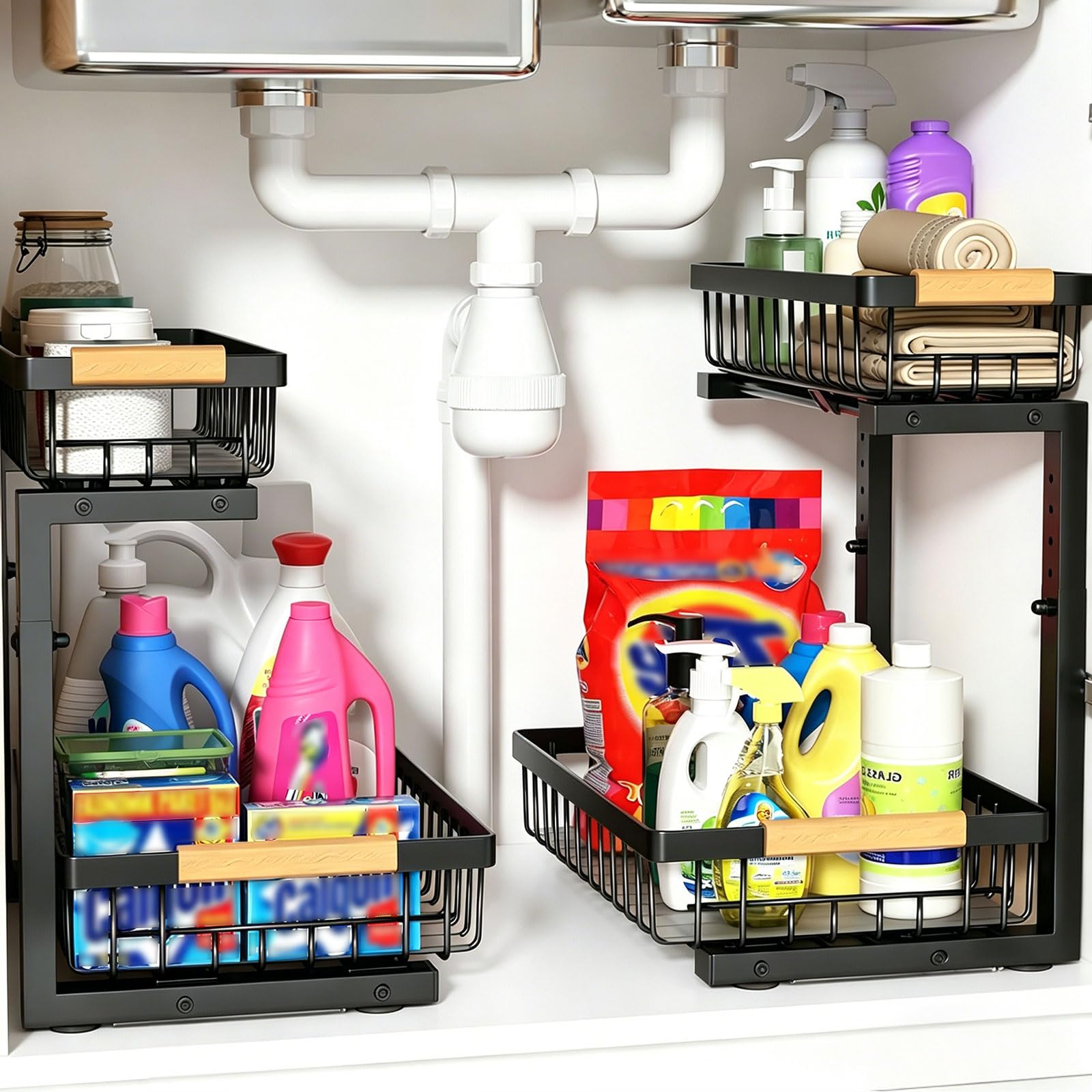 2 Pack Under Sink Storage Organiser, Adjustable Height, 2-Tier Metal Pull Out Under Cabinet Organiser Shelf, Multi-Purpose Sliding Drawer Organisers for Bathroom & Kitchen Cupboard, Home Essentials