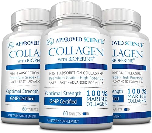 Approved Science Píldoras de colágeno marino absorbible tipo I y III - 180 tabletas - Cabello y piel saludables - Vitamina C, sodio y bioperina para