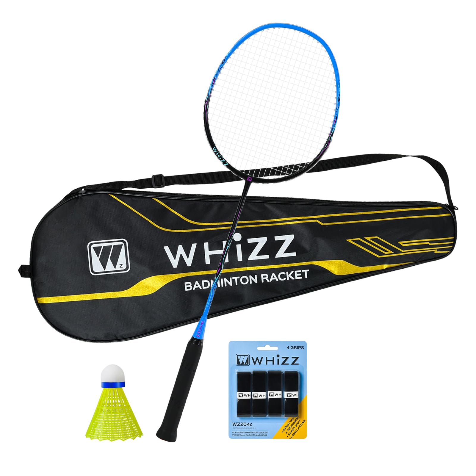 WHiZZ - Set di racchette da badminton in grafite, leggera, per allenamento, tempo libero, volani + cinghie di impugnatura + borsa per il trasporto