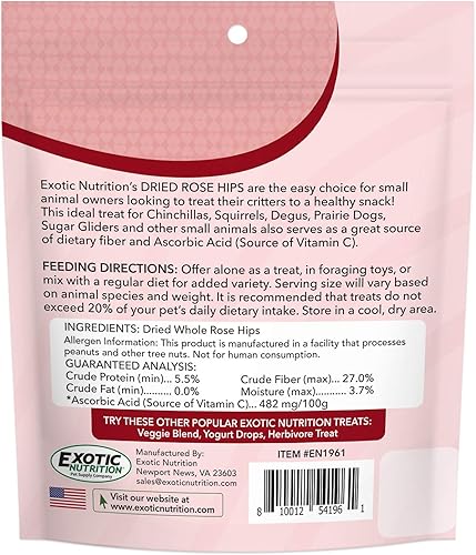 Exotic Nutrition Dried Rose HIPS (3 oz.) - Healthy Natural Treat - Chinchillas, Guinea Pigs, Rabbits, Prairie Dogs, Degus, Hamsters, Rats, Squirrels, Parrots, Chickens, Ducks & Other Small Pets(3 Ounce (Pack of 1))