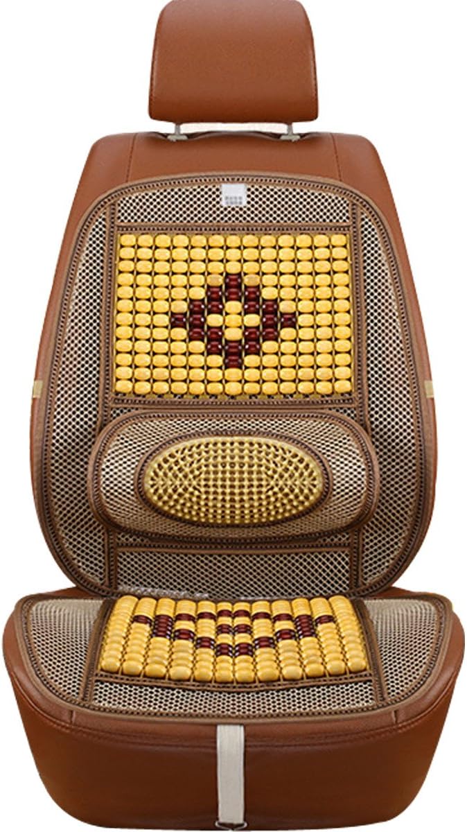 Wooden Beads Mesh Lumbar Back Support Massage Full Back Cushion Pad Breathable Cooling Car Front Seat Protector, Coffee