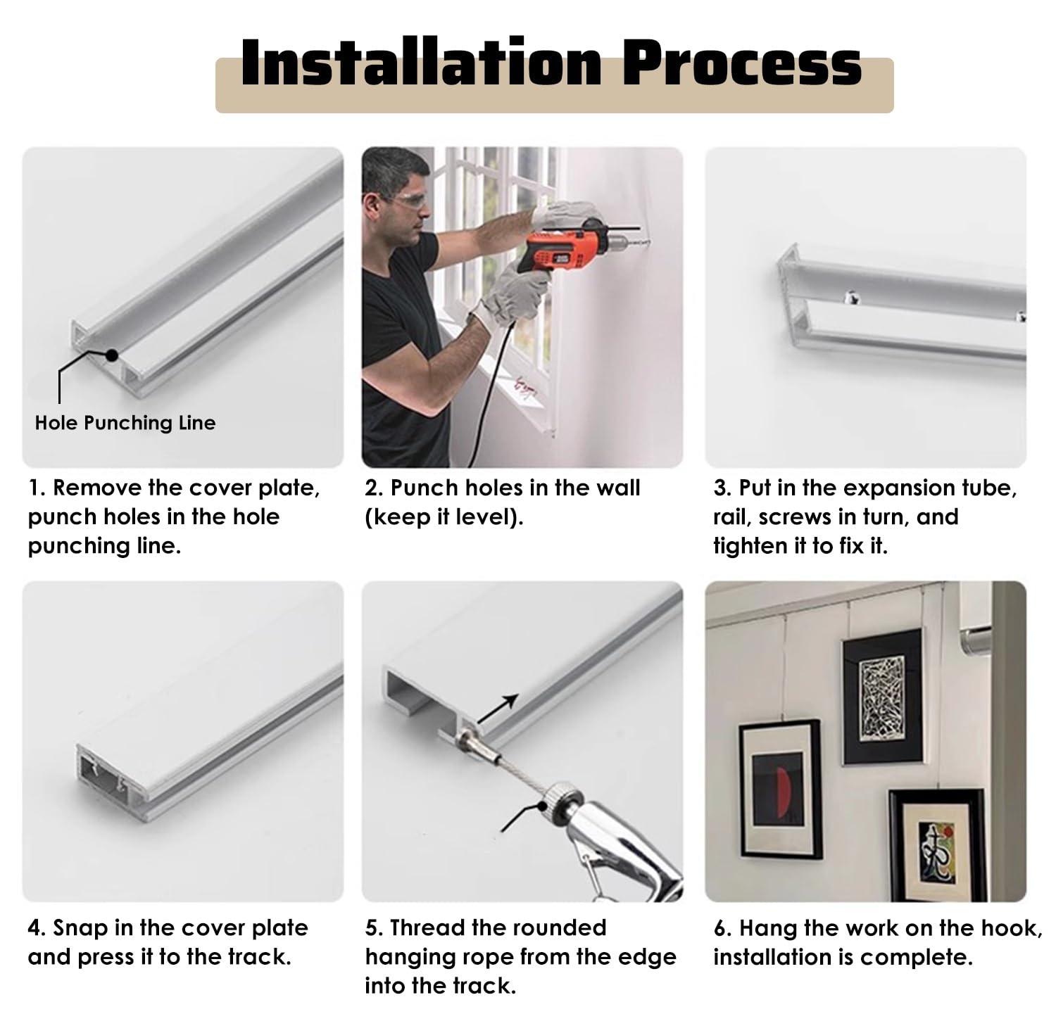 Cimaise pour Tableau Kit de Suspension Lourd pour Tableaux avec Anneaux D, Vis et Fil d'Acier, Système Rail Réglable d'Affichage pour Photos Famille, Max 66 Livres(1 m/3.3' cable,1.1 m/3.6' track)