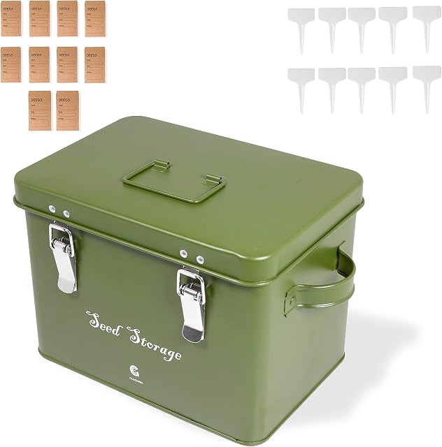 GLOCHYRA - Seed Storage Box - Seed Packet Storage Organizer Garden Seed Container with dividers Completes with 10 Seed Envelopes, 10 Plant Labels (Green)