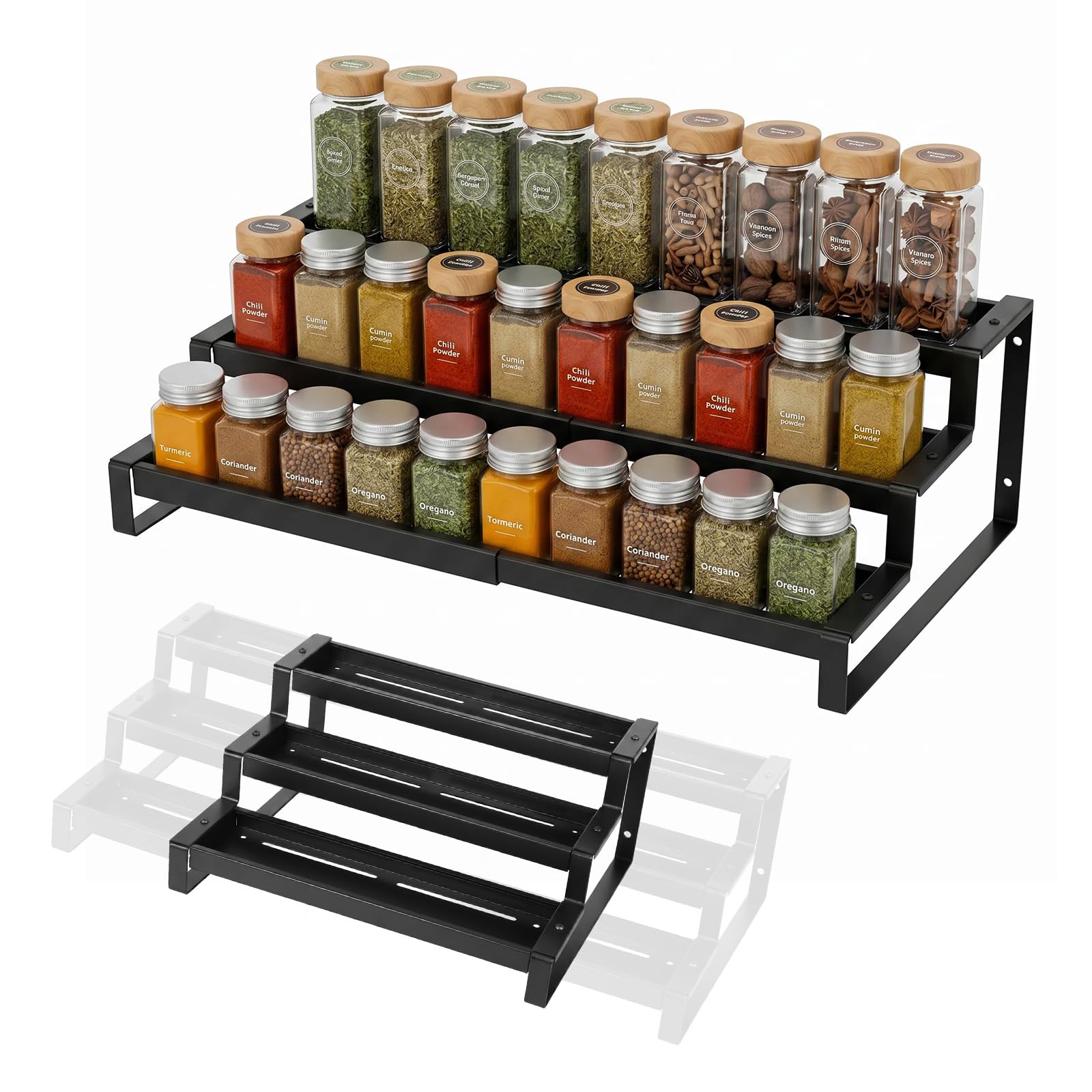 WAMEITF 3 Tier Spice Rack for Kitchen Cabinet, 36.8-67.5cm Expandable Spice Organiser, Large Seasoning Organizer, Metal Spices Jars Shelf for Kitchen Countertop, Pantry