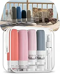 Kit 16 Frascos de Viagem Recarregáveis Silicone Premium Antivazamento – Recipientes para Shampoo, Cremes e Cosméticos + Bolsa Transparente TSA | Organização e Praticidade em Viagens (Tons Rosados)