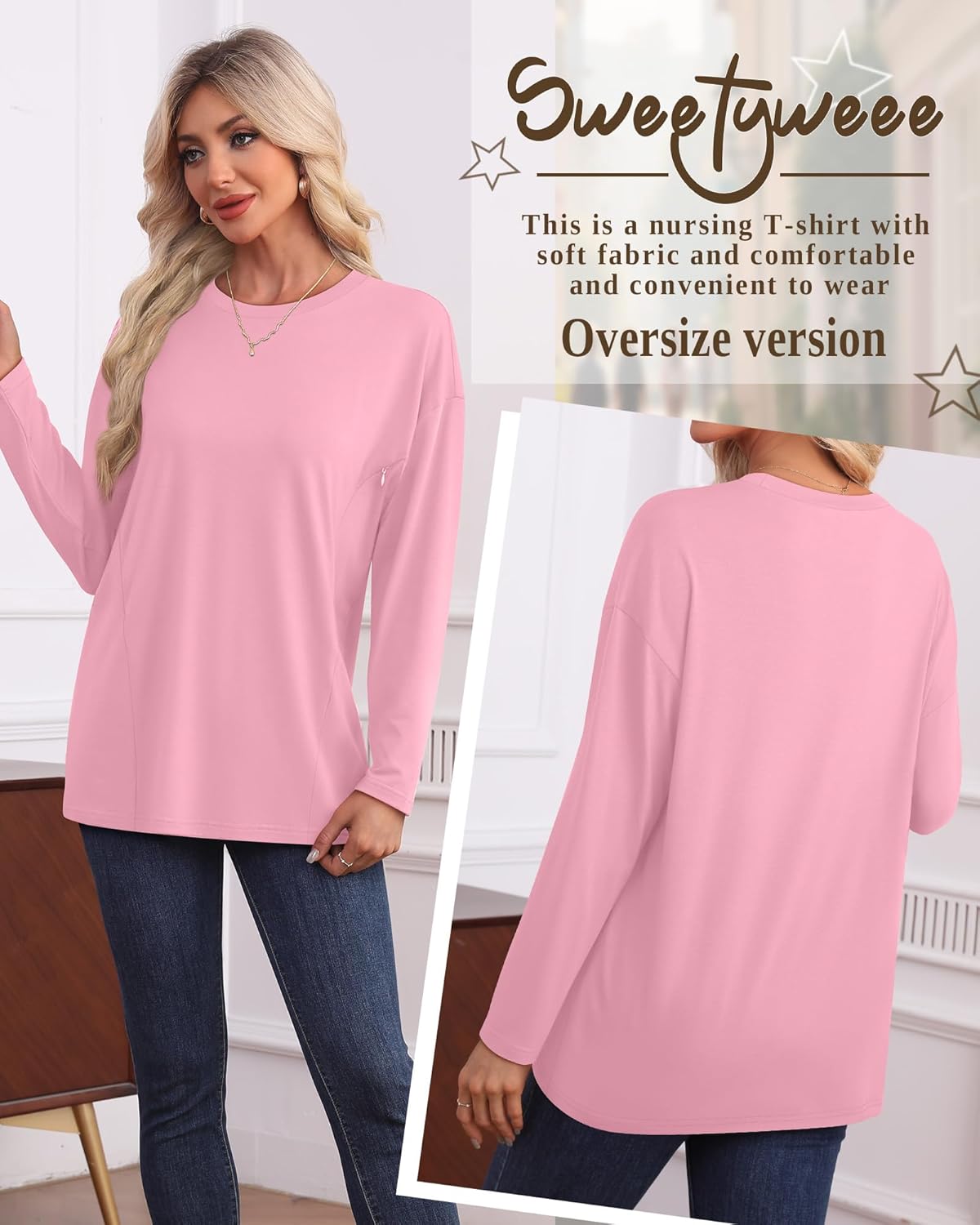 3 Pack Women's Nursing Breastfeeding Tops Long Sleeve Maternity Shirts Oversize Hidden Zipper Pregnancy Clothes