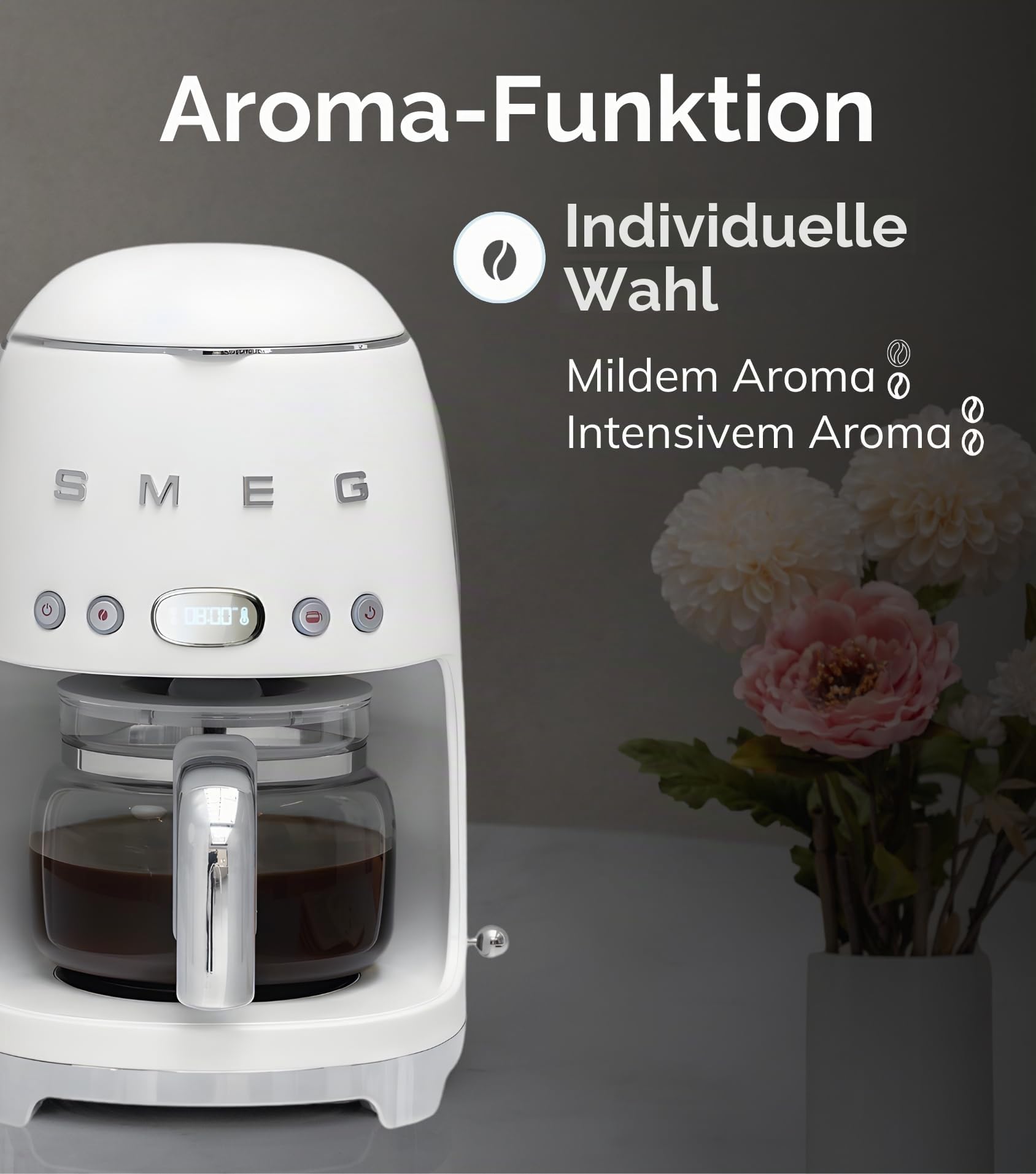 Smeg, DCF02BLEU, Filter-Kaffeemaschine, Aroma und Autostart-Funktion, Glaskaraffe bis 12 Tassen, 2 Intensitätsniveaus, Warmhaltefunktion, 1050W, Schwarz
