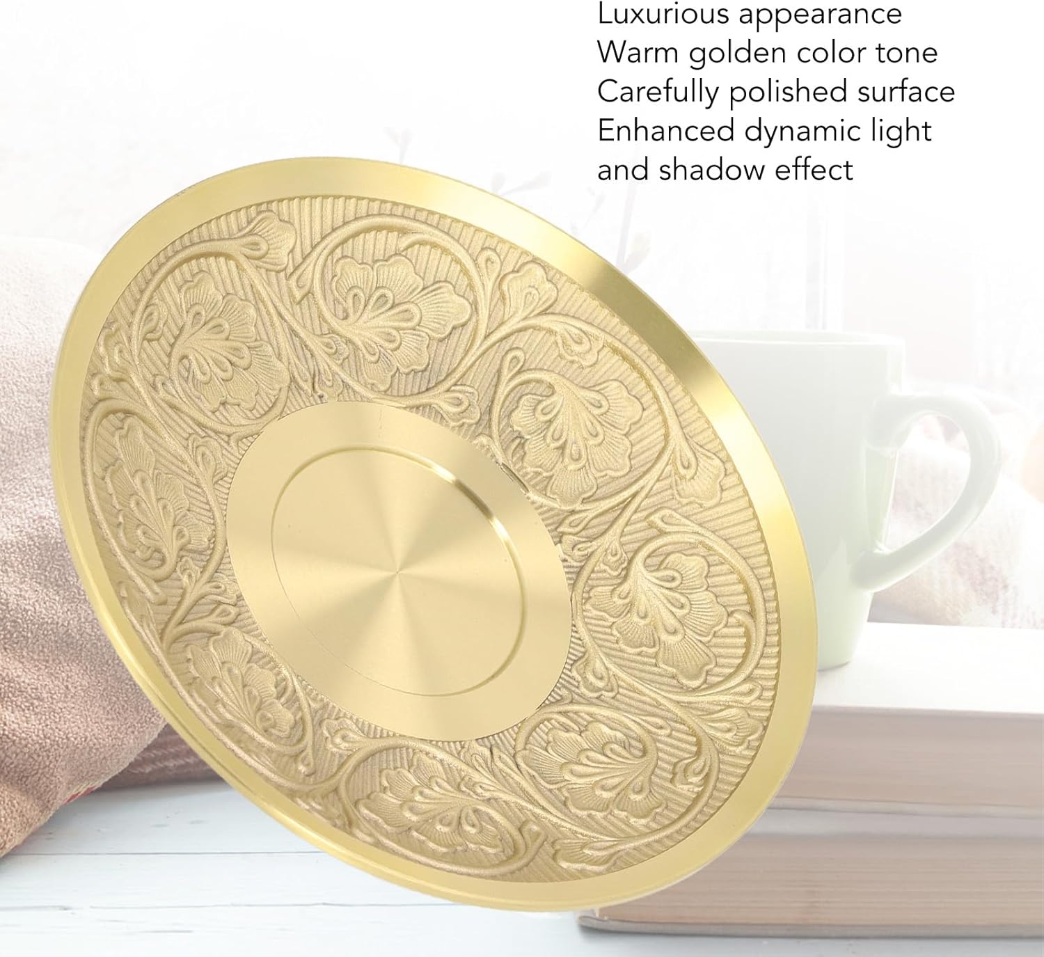 Metal Saucer Plate, Brass Coffee Cup Saucer, Elegant Floral Carving Design with Golden Finish, Multipurpose Insulated Serving Tray for Home Decor Office Tea Party