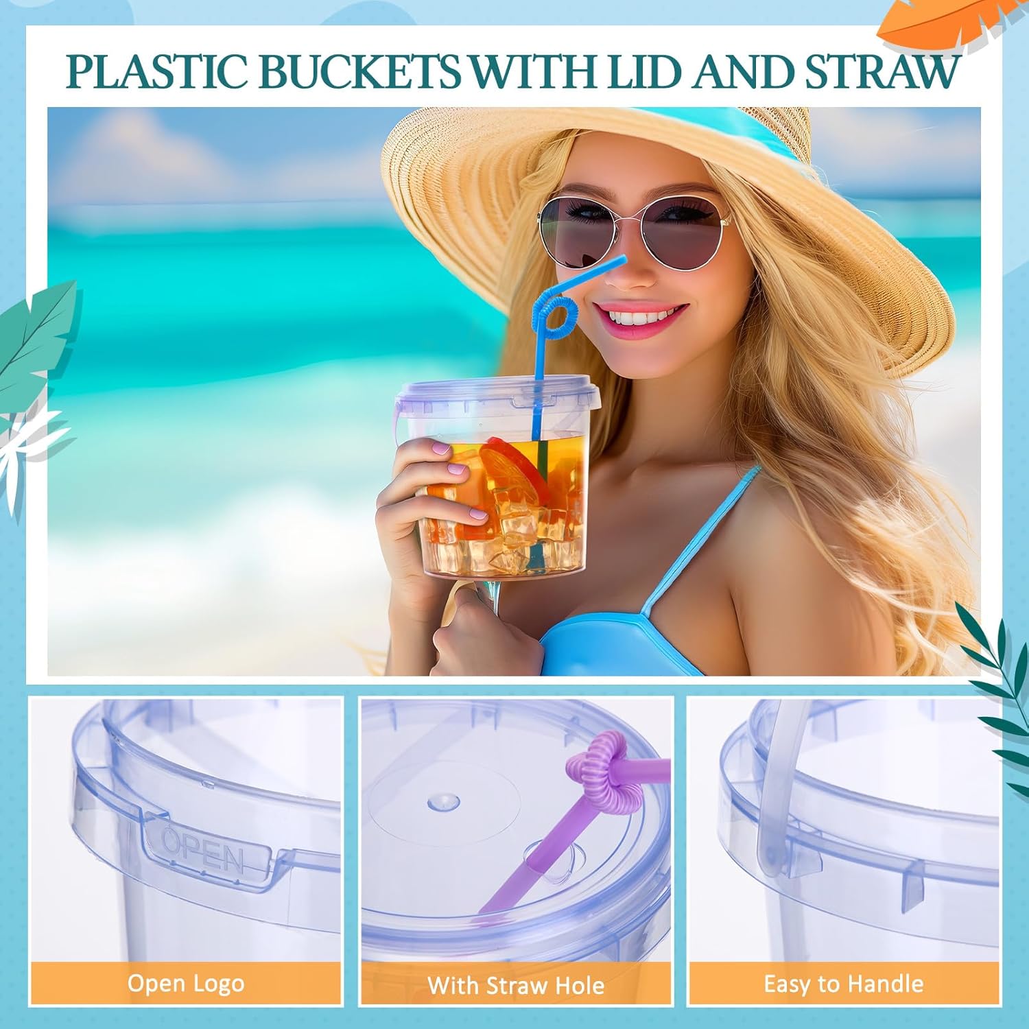 24 Pack 25 oz Plastic Rum Buckets Bulks for Drinks with Straws Reusable Ice Cream Cocktail Cups Neon Party Bucket with Lids Handles Food Containers Cup for Summer Beach Bar Beer