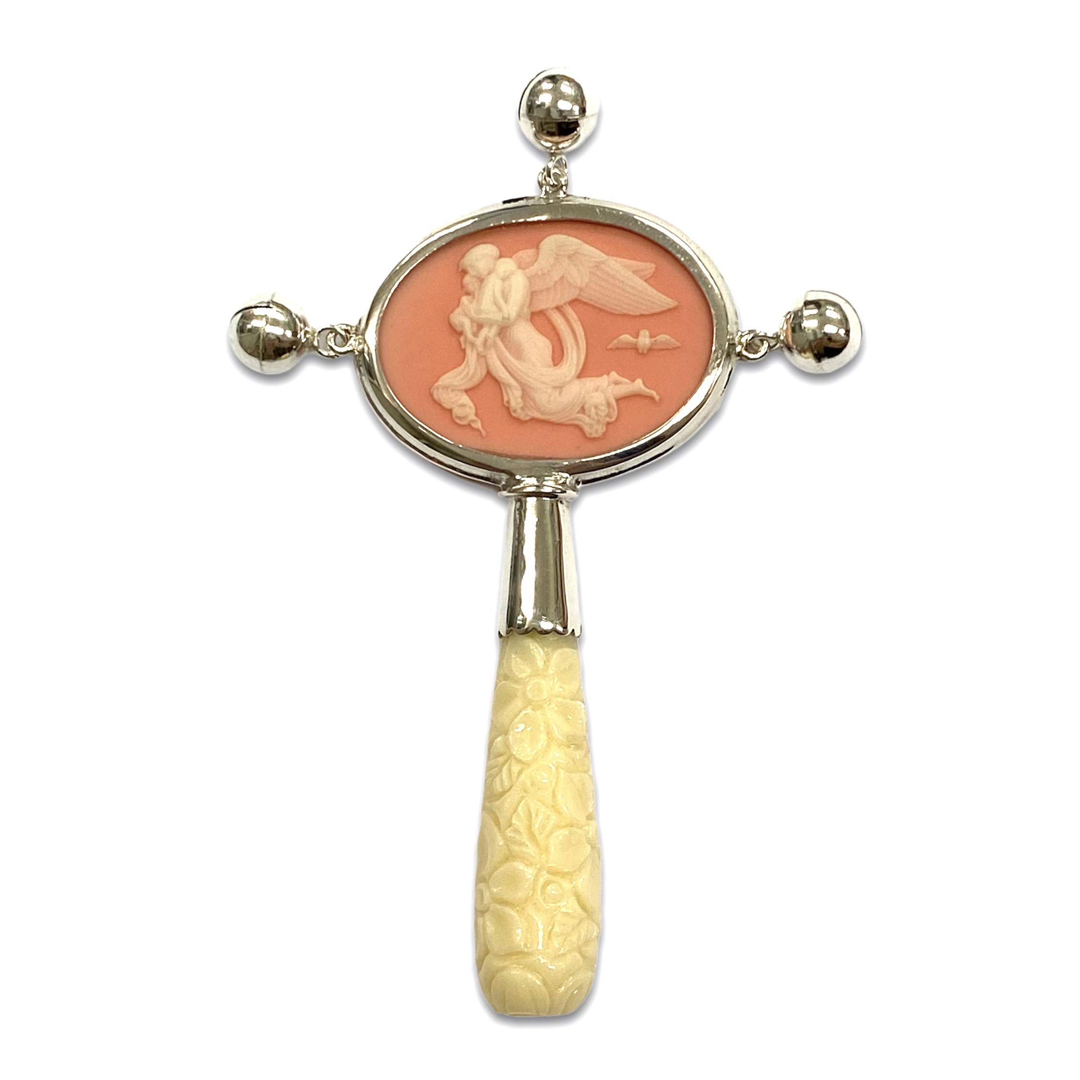Victorian Style Angel Pink Cameo Baby Rattle with Carved Resin Handle