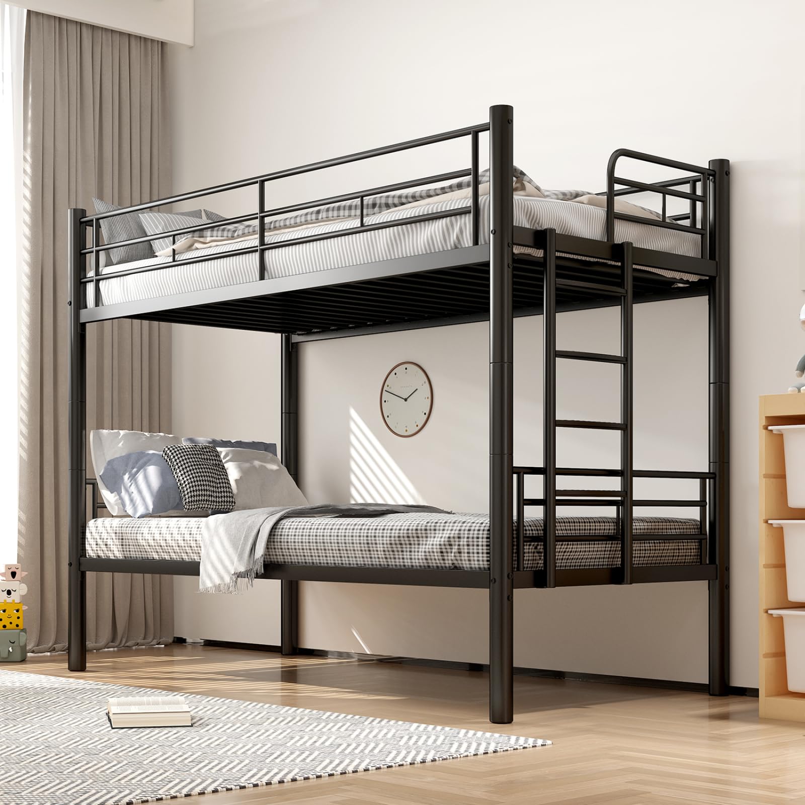 Litera de 90 x 200 cm, con escaleras y protección anticaídas, litera de metal con somier, convertible en 2 camas individuales, cama alta para niños, adolescentes y adultos (negro)