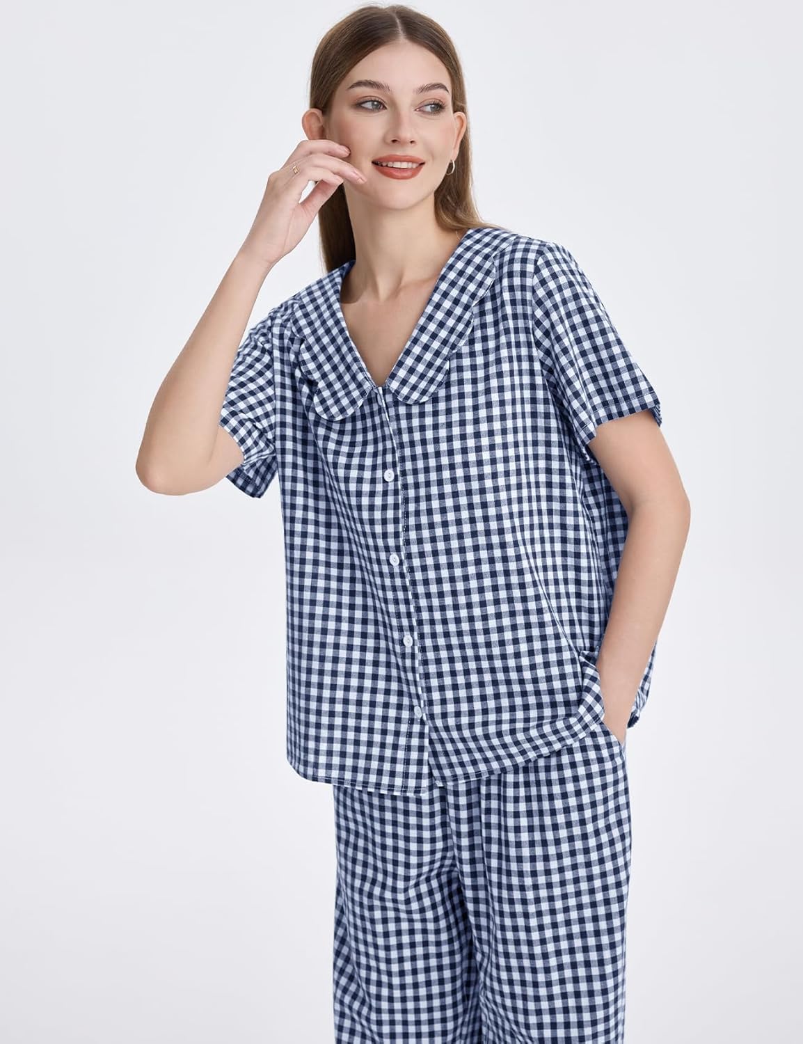 Flygo Womens Gingham Pajamas Set Cotton 2 Piece Pj Set Scalloped Collar Babydoll Shirt Pants Plaid Y2K Lounge Sets - Image 4