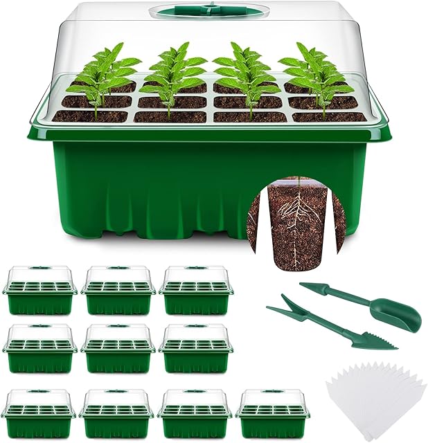 YAUNGEL Seed Trays, 10 Pack 120 Cells Propagator Growing Thicken Seedling Starter Growing Trays with Clear Lids/Adjustable Window for Greenhouse & Gardens, Green