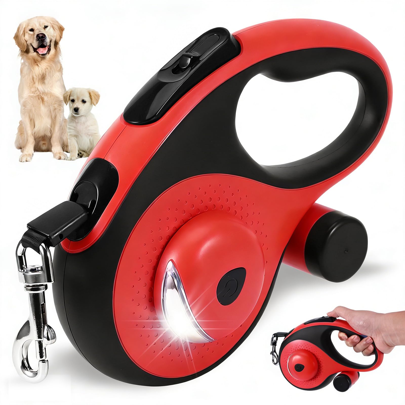 Dog Lead, Non-Slip 8m Retractable Dog Lead, Extendable Dogs Lead With Rechargeable Flashlight And Poop Bag,Up To 50 Kg, 360° Anti-Tangle Nylon,Retractable Dogs Lead fo Walking (Red)