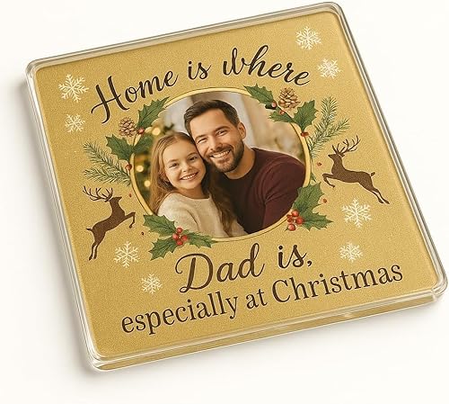 The Plum Penguin Dad Personalised Photo Acrylic Coaster With Personalised Family Photo Frame - Golden Hearth Joy Christmas Decor For - Cherished Memories Gift