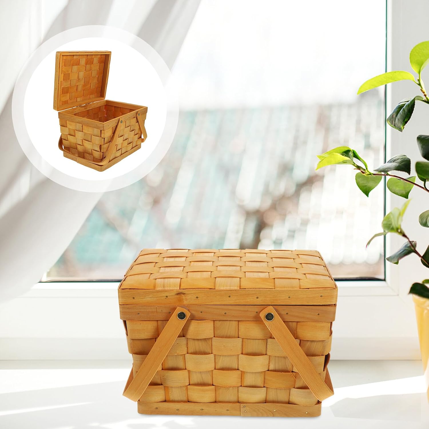 Wooden Woven Picnic Basket with Lid and Handles Multi-Purpose Food Storage Basket for Outdoor Camping Home Decor Lightweight for Organizing Snacks and Fruit