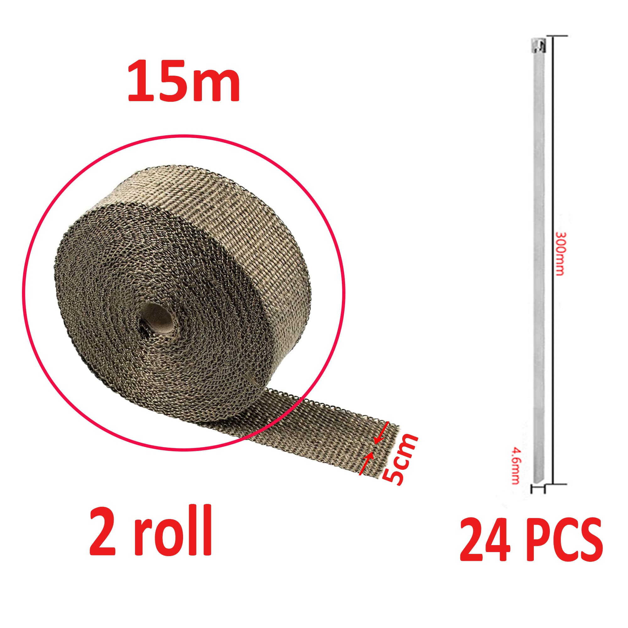 30M Nastro Termico Isolante, Arespark 2 Rotoli 15m D'oro Bende Termiche Moto Fatto di Fibre di Basalto con 24 Fascette Metalliche, per Collettori di Scarico Moto e Auto