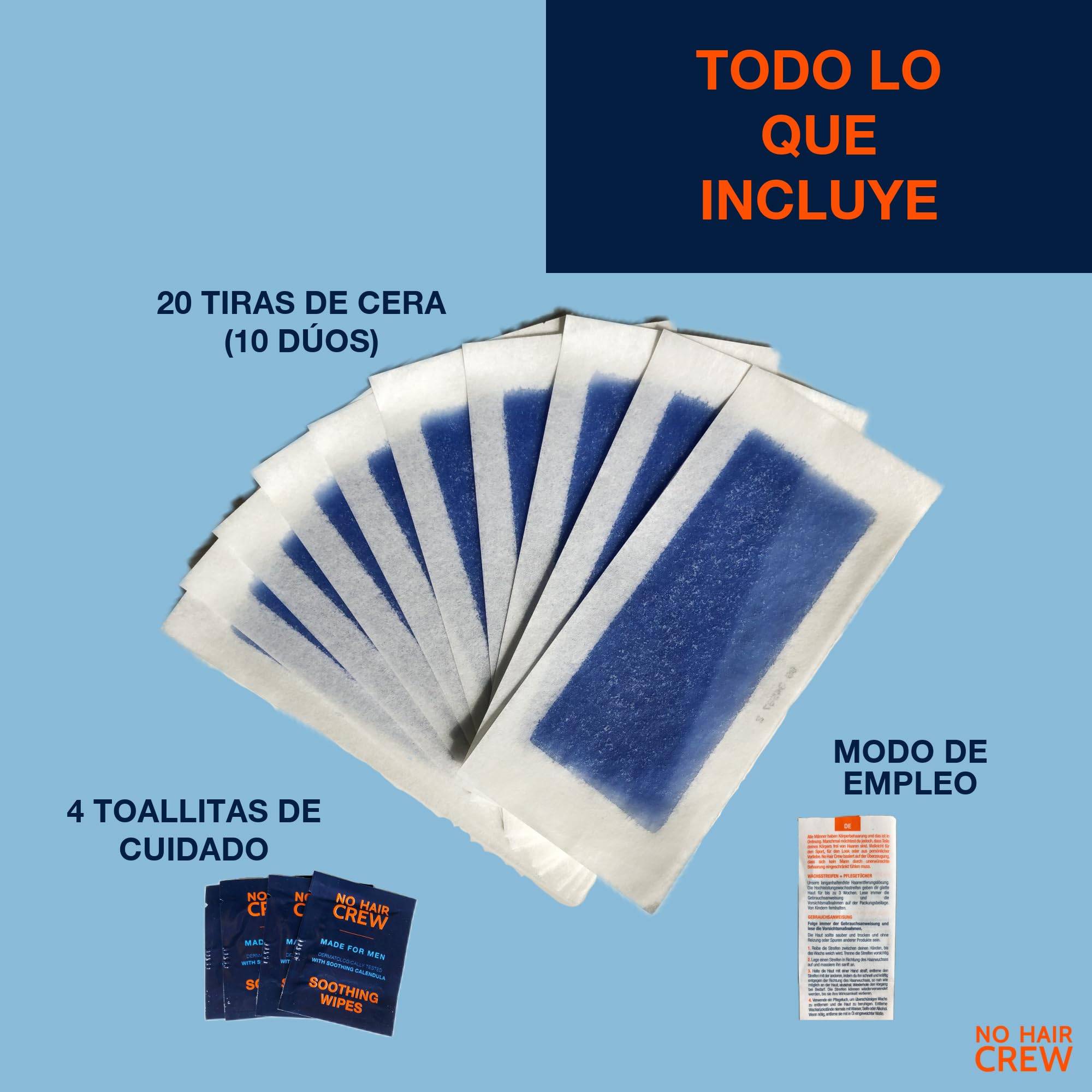 NO HAIR CREW 6x20 Bandas Depilatorias Hombre – Hasta 3 Semanas Sin Vello | Para pecho, espalda, brazos y piernas. Elimina el vello de raíz para una piel suave y un crecimiento más suave.