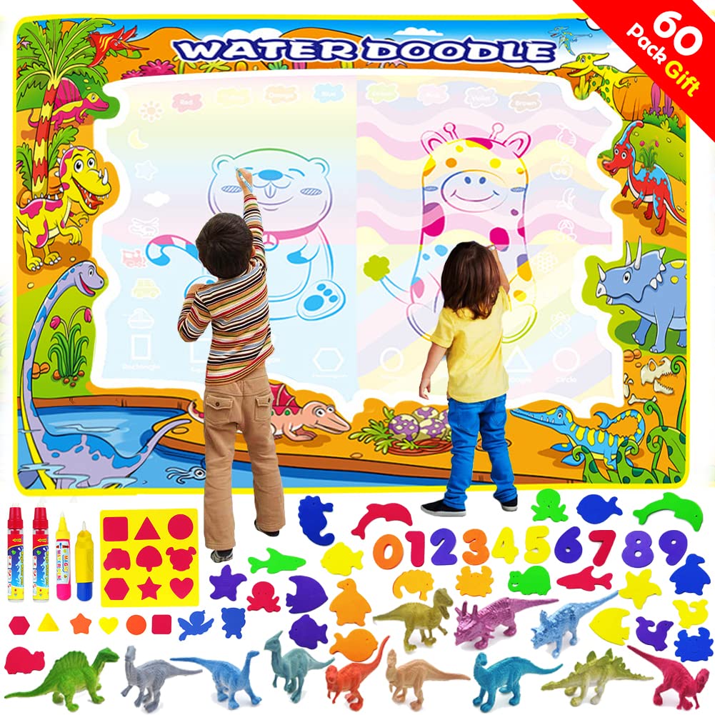 Water Doodle Mat, Dinosaur Theme Water Painting Doodle Sketch Pad, Reusable, Magic Pen, Neon Pattern with 60 Pieces Colouring Toys, Kids Birthday Gifts