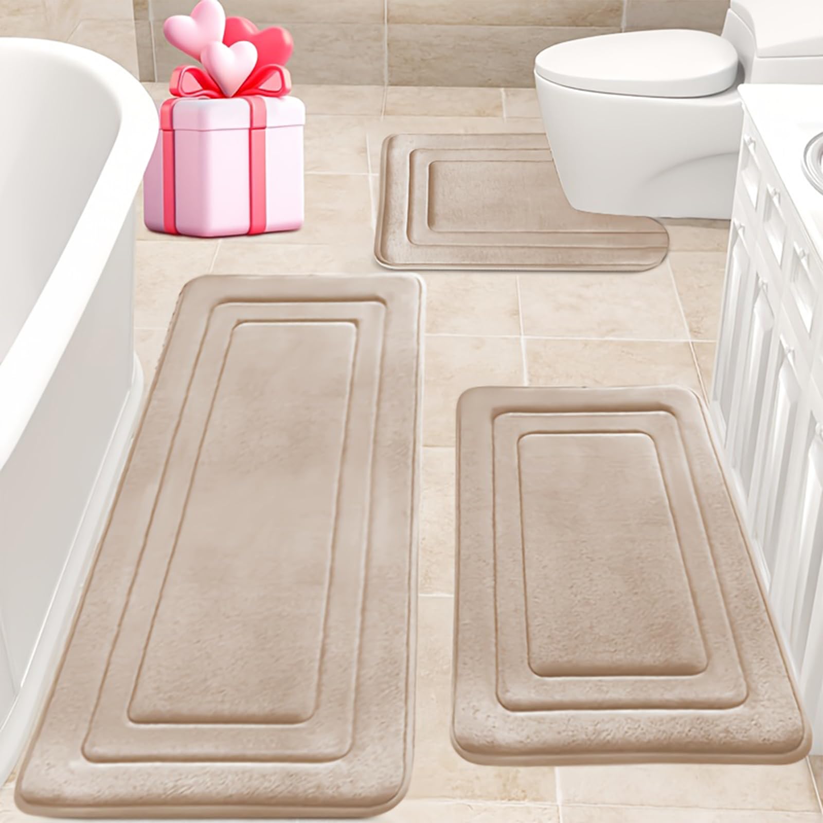 3 Piece Memory Foam Bath Mat Set – Non Slip Soft Bathroom Rugs, Absorbent Water Resistant Bath & Toilet Mat Set with U Shaped Toilet Mat (Beige 120×50cm + U50×60cm + 50×80cm)