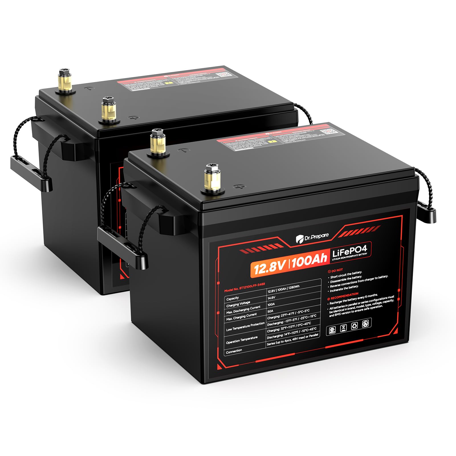 DR.PREPARE 2 Pack of 12V 100Ah LiFePO4 Lithium Battery, 1280Wh Deep Cycle Lithium Iron Phosphate Battery with 100A BMS, Low & High Temp Protection, for RV, Solar Power, Off-Grid, Home Energy Storage