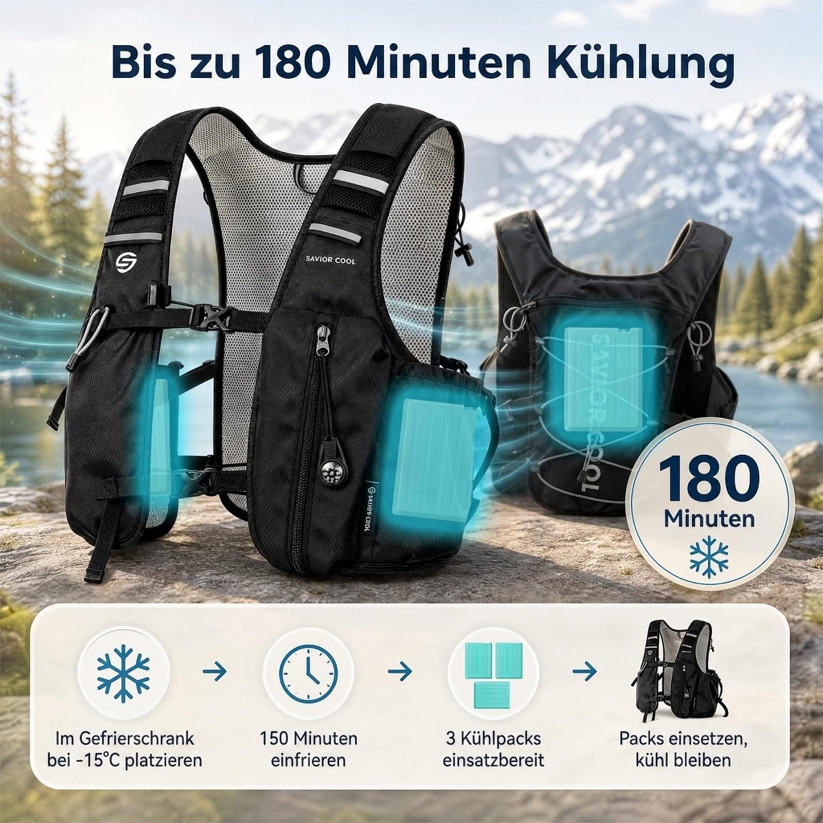 Kühlende Laufweste mit Trinkblase 2L, 10L Trinkrucksack, 3 Kühlpacks, 180 Min Kühlsystem, Reflektierend, für Damen und Herren | 2 l Wasserblase, 3 Kältequellen