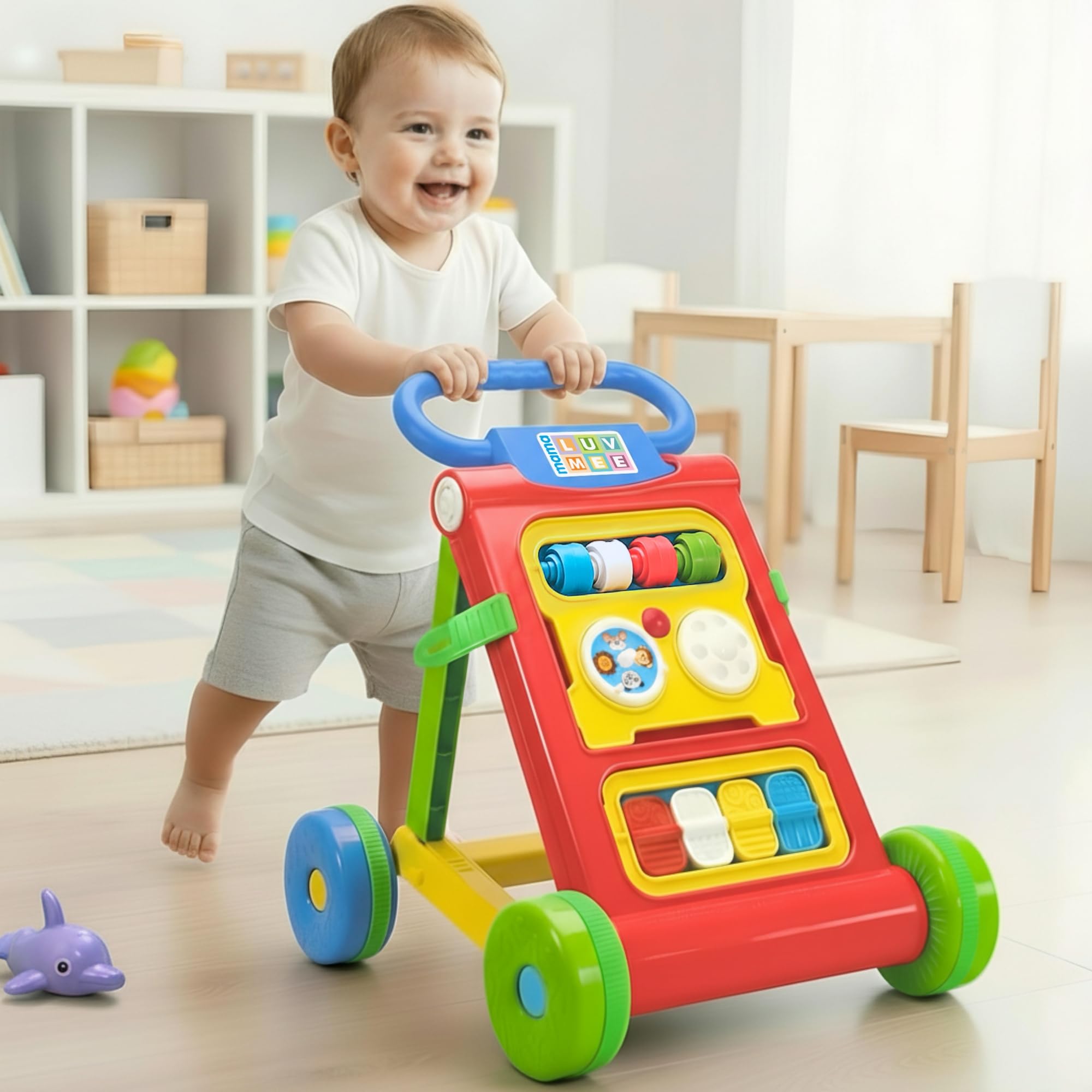 Mama Luv Mee Baby Activity Walker Learning Push Walker for Babies 6 to 18 Months, Foldable Musical Walker with Recreational Toy Bar (Red)