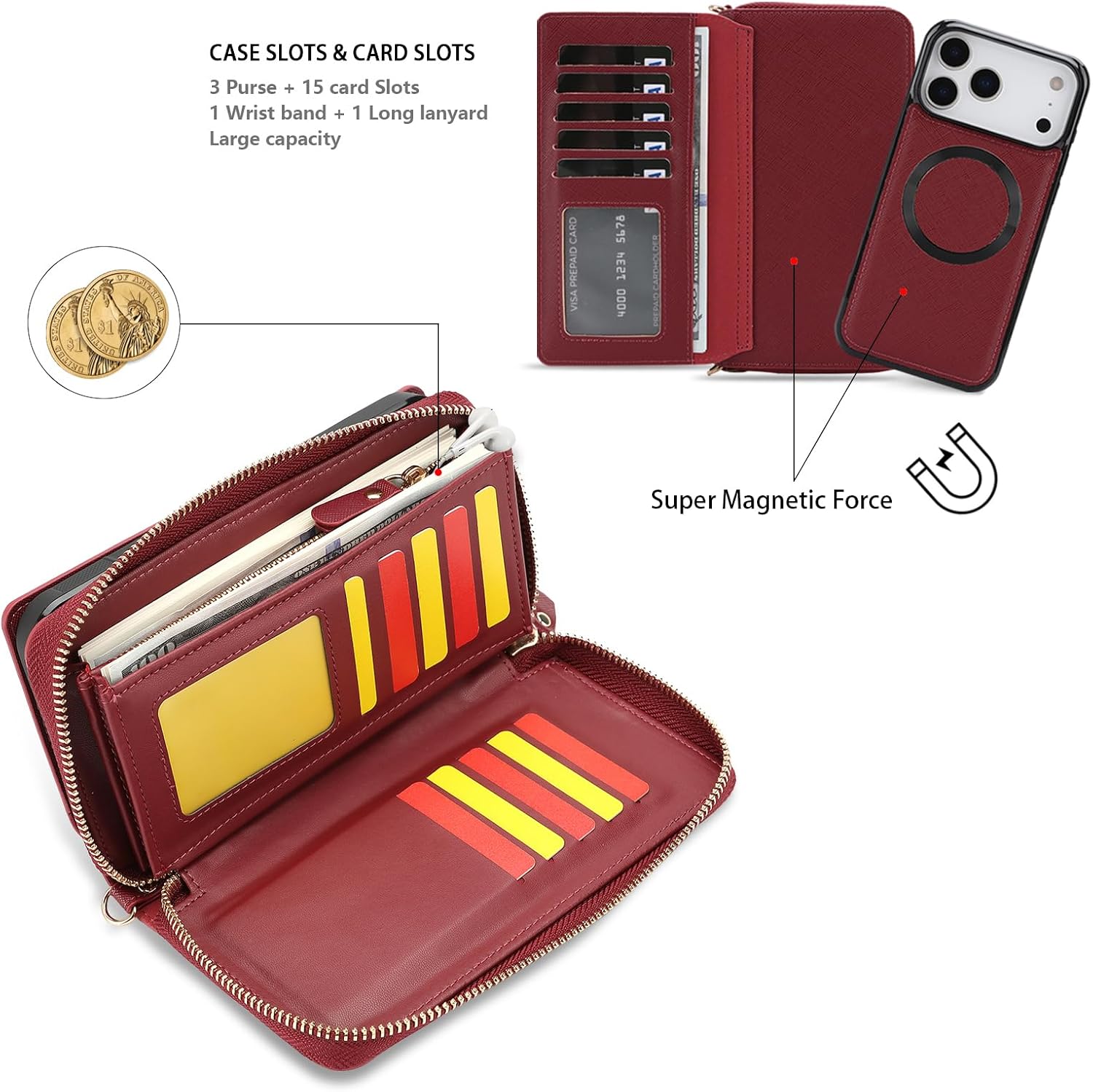 LITOU Compatible for iPhone 17 Pro Max Crossbody Wallet Phone Case, Detachable Magnetic, Card Holder, Wrist Lanyard Strap, Zipper Wallet Case for Men Women, Red