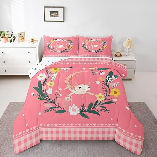Lindo edredón de ajolote tamaño matrimonial para niñas y niños, juego de ropa de cama de animales de salamandra de dibujos animados, juego de
