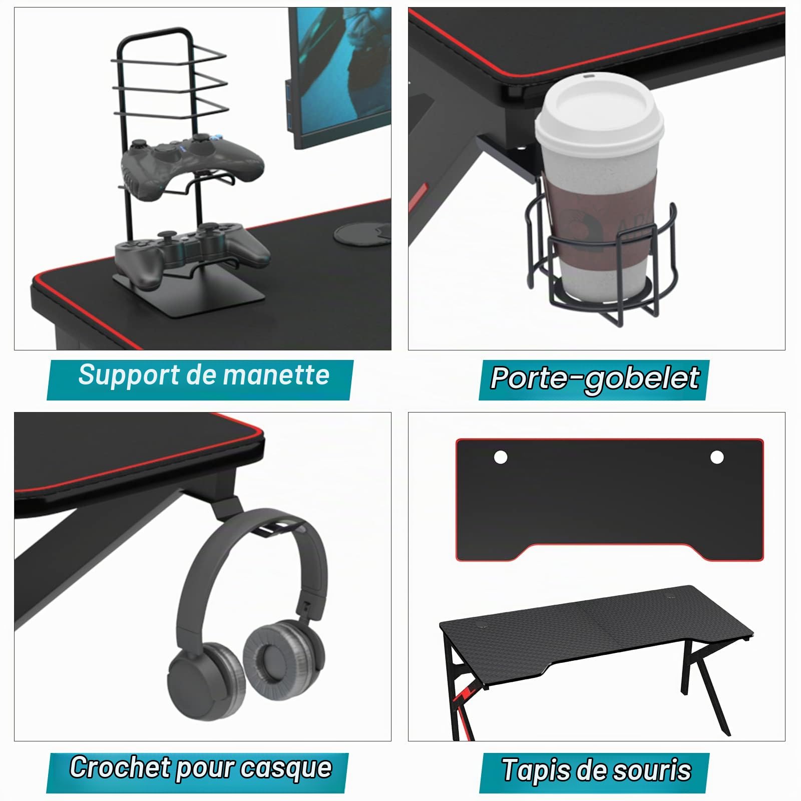 soges Bureau Gaming 160cm Informatique Ordinateur Gamer Pro Bureau de Jeu Table avec Tapis de Souris à Couverture complète Noir