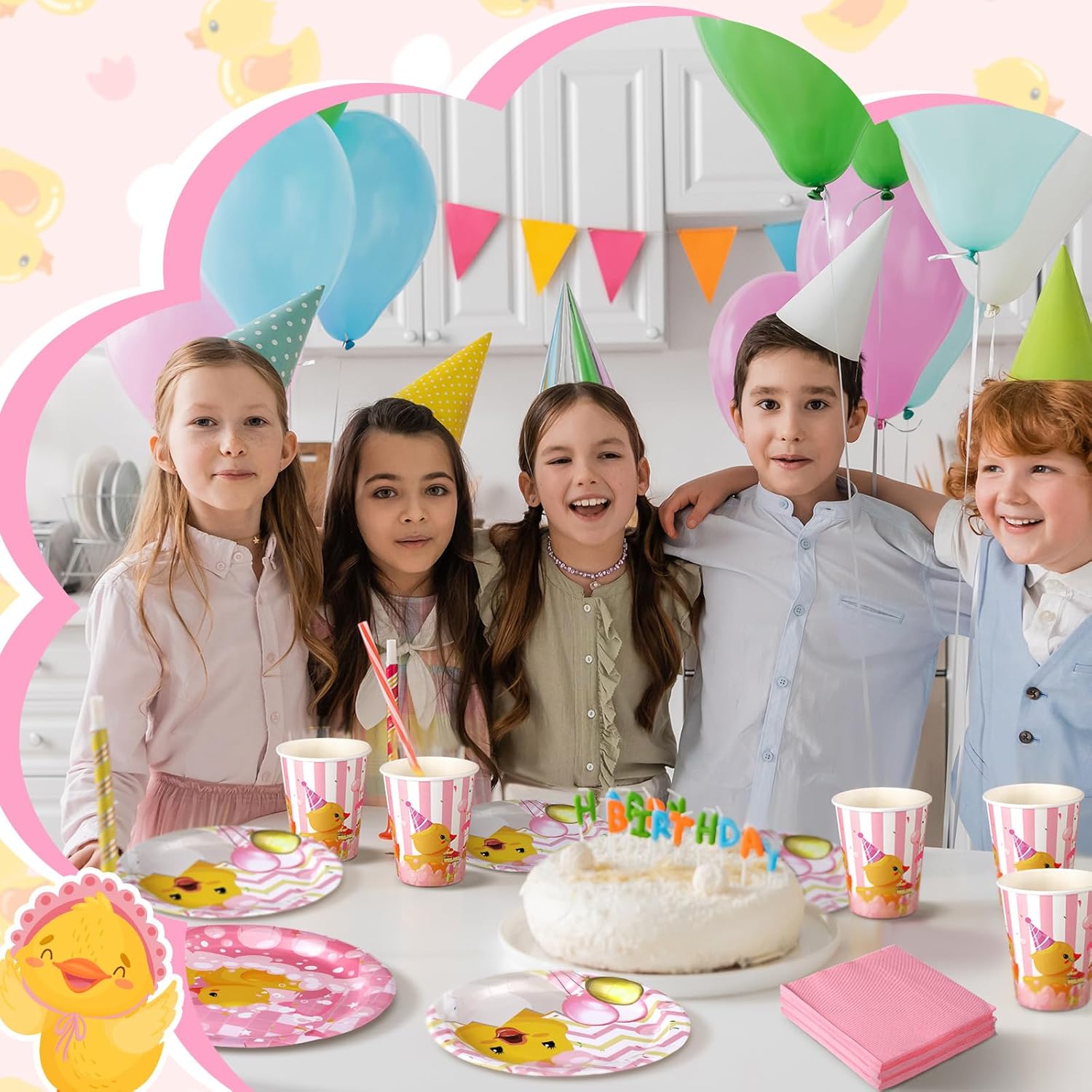 194 Pcs Duck Birthday Party Supplies Pink Rubber Duck Tableware Party Decorations Include Plates Napkins Cups Knives Forks Spoons for Kids Girl Boy Gender Reveal Baby Shower for 24 Guests - Image 6