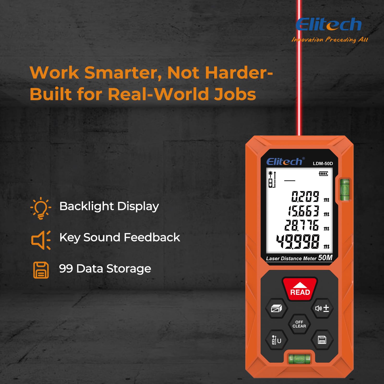 Elitech Laser Measur 50M with 2 Bubble Levels, Digital Laser Distance Meter for Measuring Distance Area Volume Pythagoras - Image 3