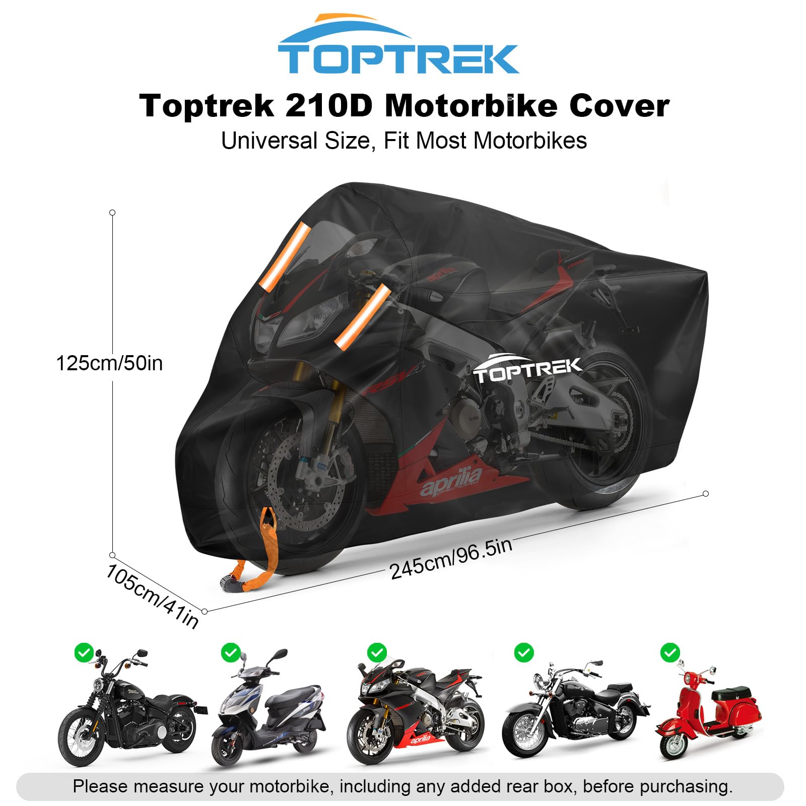 toptrek Motorbike Cover, 210D Oxford XXL Motorcycle Cover Waterproof with Orange Lock Holes and Windproof Buckles, Dustproof UV Protection Scooter Moped Cover for Motorbikes (96.5 x 41 x 50inch) — view 2