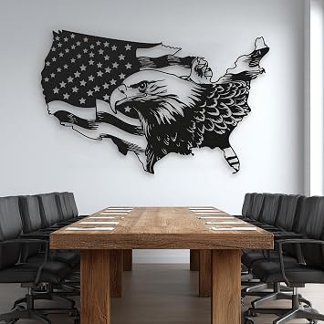 Metal American Flag Wall Art with Bald Eagle Black Patriotic Wall Decor for Living Room Garage Office Large USA Flag Eagle Wall Sculpture (Black, 24 x 15 / 60 x 37 cm)