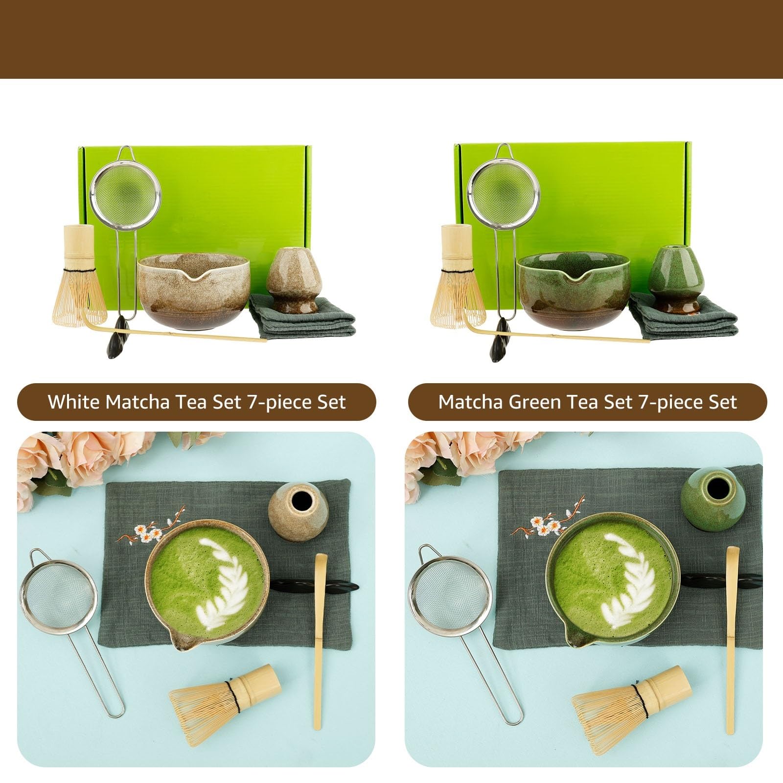 Service À Thé Matcha 7 Pièces, Bol Rond Émaillé Transformé Au Four, Avec, Fouet, Cuillère Et Tamis, Adapté Aux Amateurs De Matcha Kit(White 7 pcs)