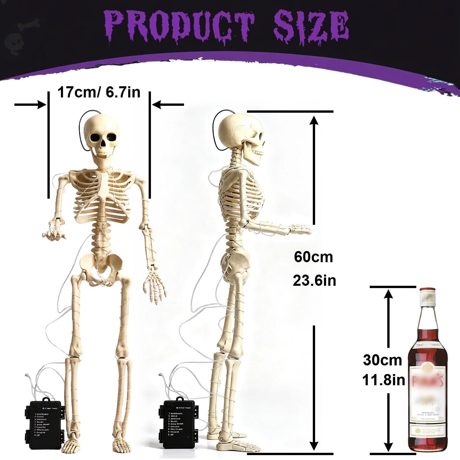 Taspire 2 Packs 60cm LED Posable Halloween Skeletons, LED Movable Joints Skeleton Halloween Decoration, White - Image 2