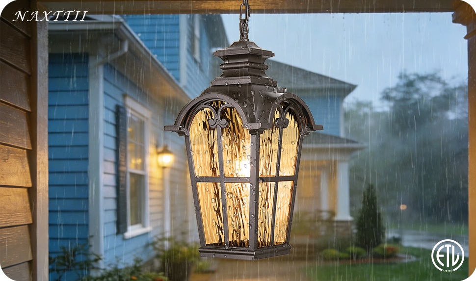 Image of 18.5 Inch Large Outdoor Pendant Lights Waterproof Aluminum Hanging Lantern Light with Water Ripple Glass Oil Rubbed Bronze Outdoor Chandelier for Porch Yard Gazebo