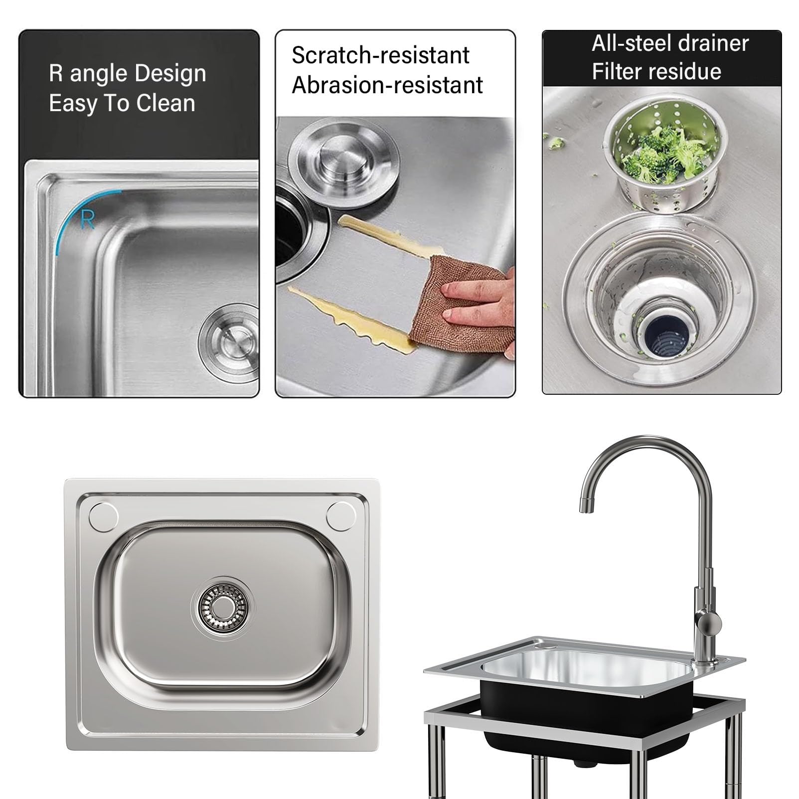 Evier inox Extérieur avec Robinet Chaud et Froid,Éviers De Cuisine Commercial 1 Bac Mobile Évier Sur Pieds Lavabo de Jardin Portable Multifonctionnel,pour Restaurant Garage
