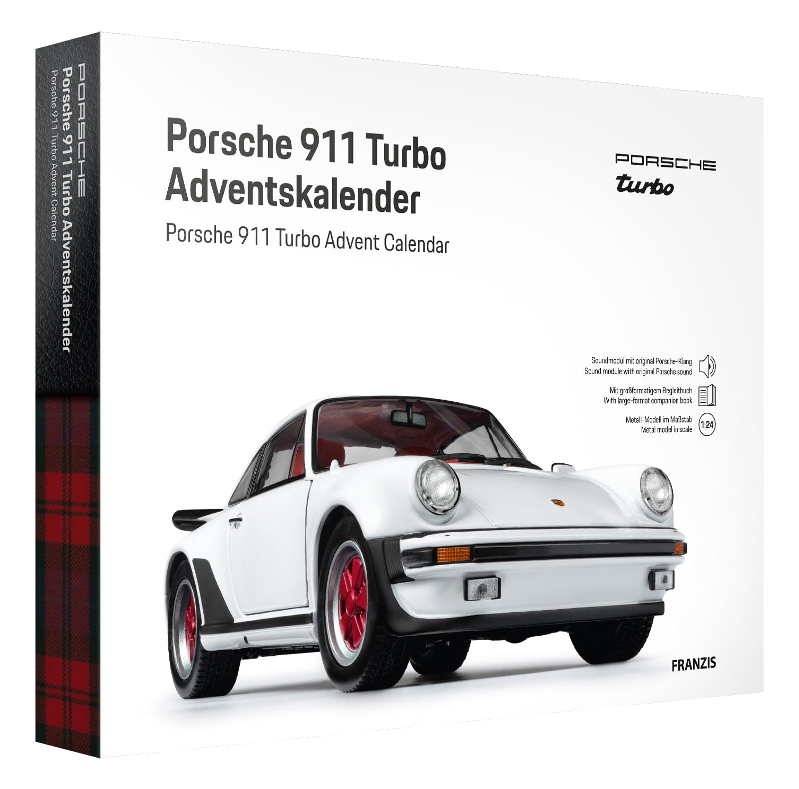 FRANZIS 67322 - Porsche 911 Turbo Adventskalender - Modellbausatz im Maßstab 1:24, inkl. Soundbasis und 52-seitigem Begleitbuch