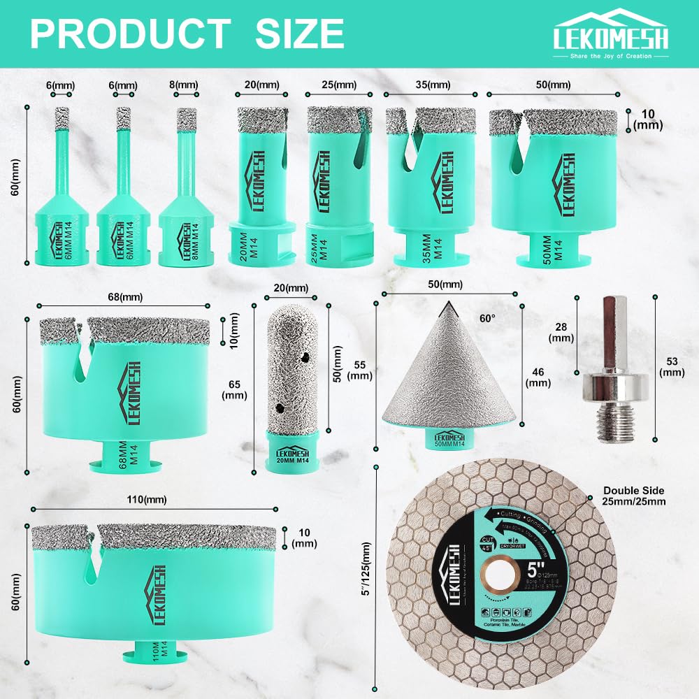 LEKOMESH Tile Hole Cutter Set-(6/6/8/20/25/35/50/68/110mm+20mm Finger Bit+50mm Chamfer Bit+HEX Adapter+ Tile Saw Blade) Diamond Hole Saw Kit for Porcelain M14 Thread - Image 2