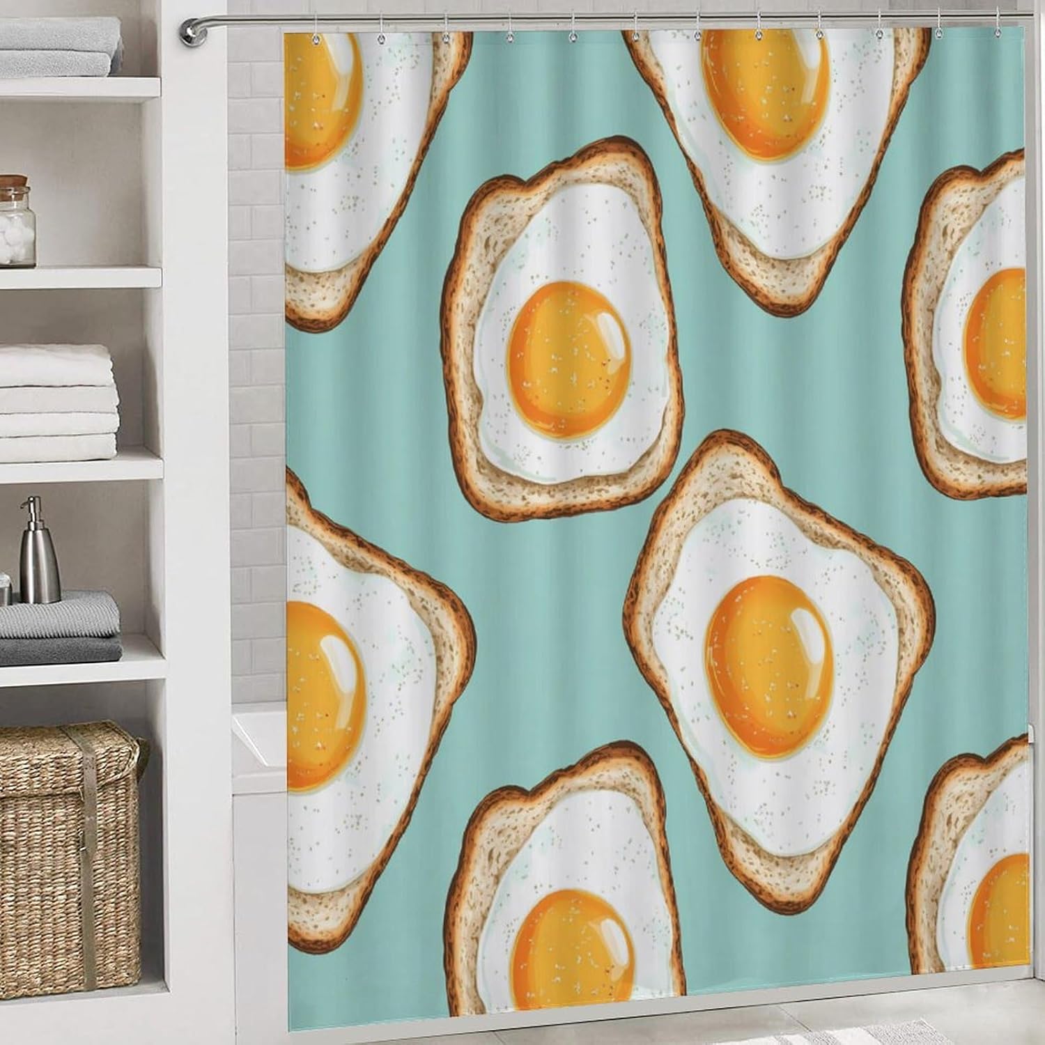 Fried Eggs and Bread Modern Bathroom Sets with Shower Curtain and Rugs Decor 4 Pcs with 12 Hooks