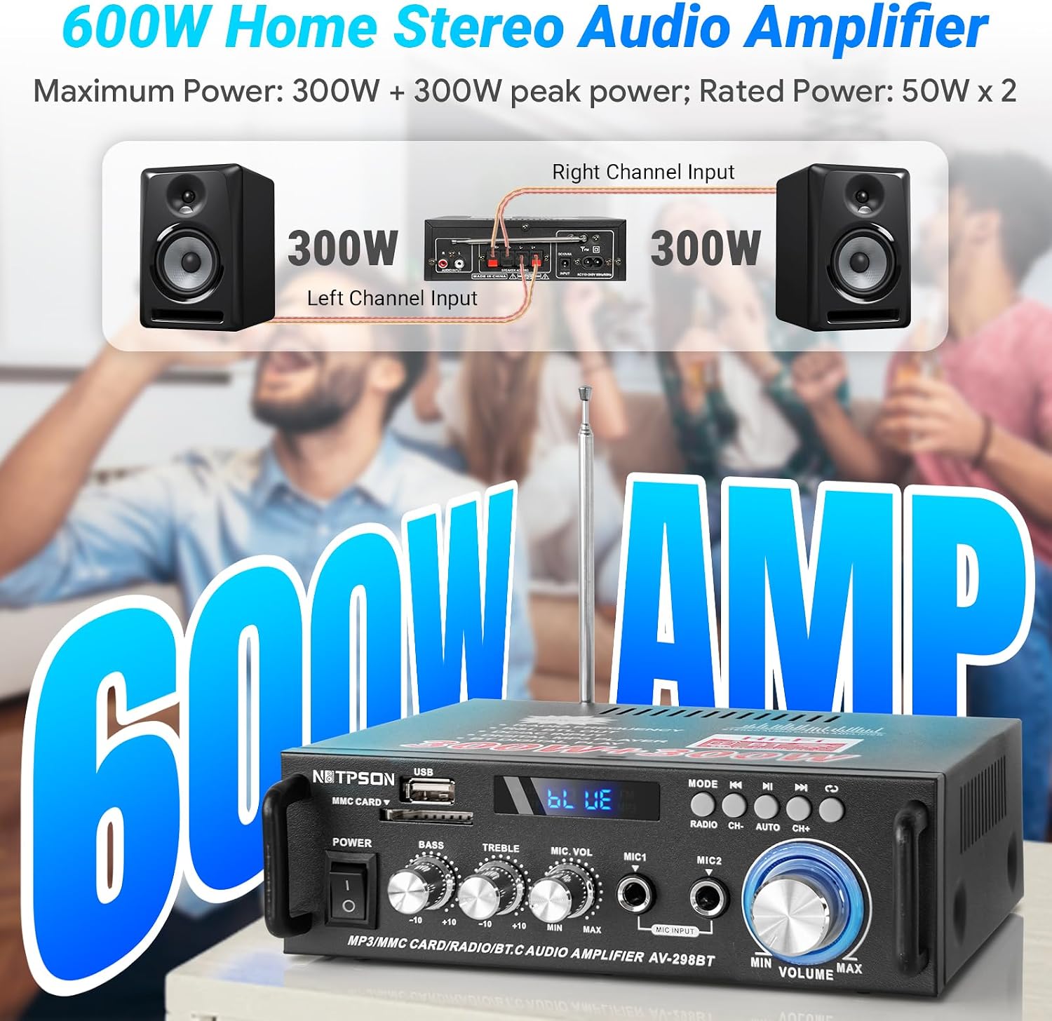 AV-298 BT Bluetooth Stereo Amplifier, Max 600W Amp 2 Channel Wireless Bluetooth 5.0 Power Amplifier System, Home Amplifiers Home Theater Audio Stereo System MIC, RCA, USB, SD Card, with Remote Control