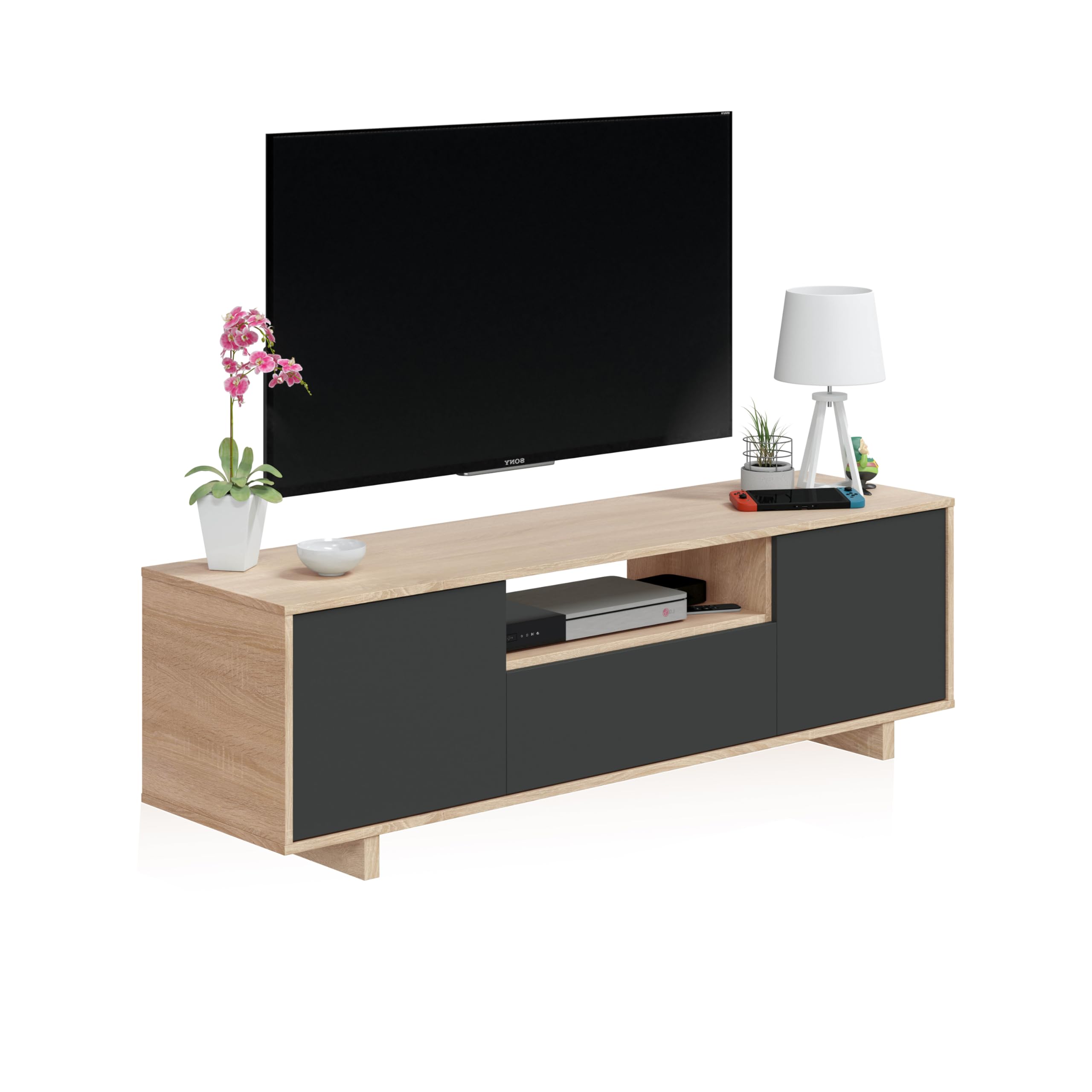 duehome | Modulo TV, Mueble de Salon, Juego de Muebles, Modelo Lino, Acabado en Roble Canadian y Gris Antracita, Medidas: 150 cm (Ancho) x 46 cm (Alto) 41 cm (Fondo)