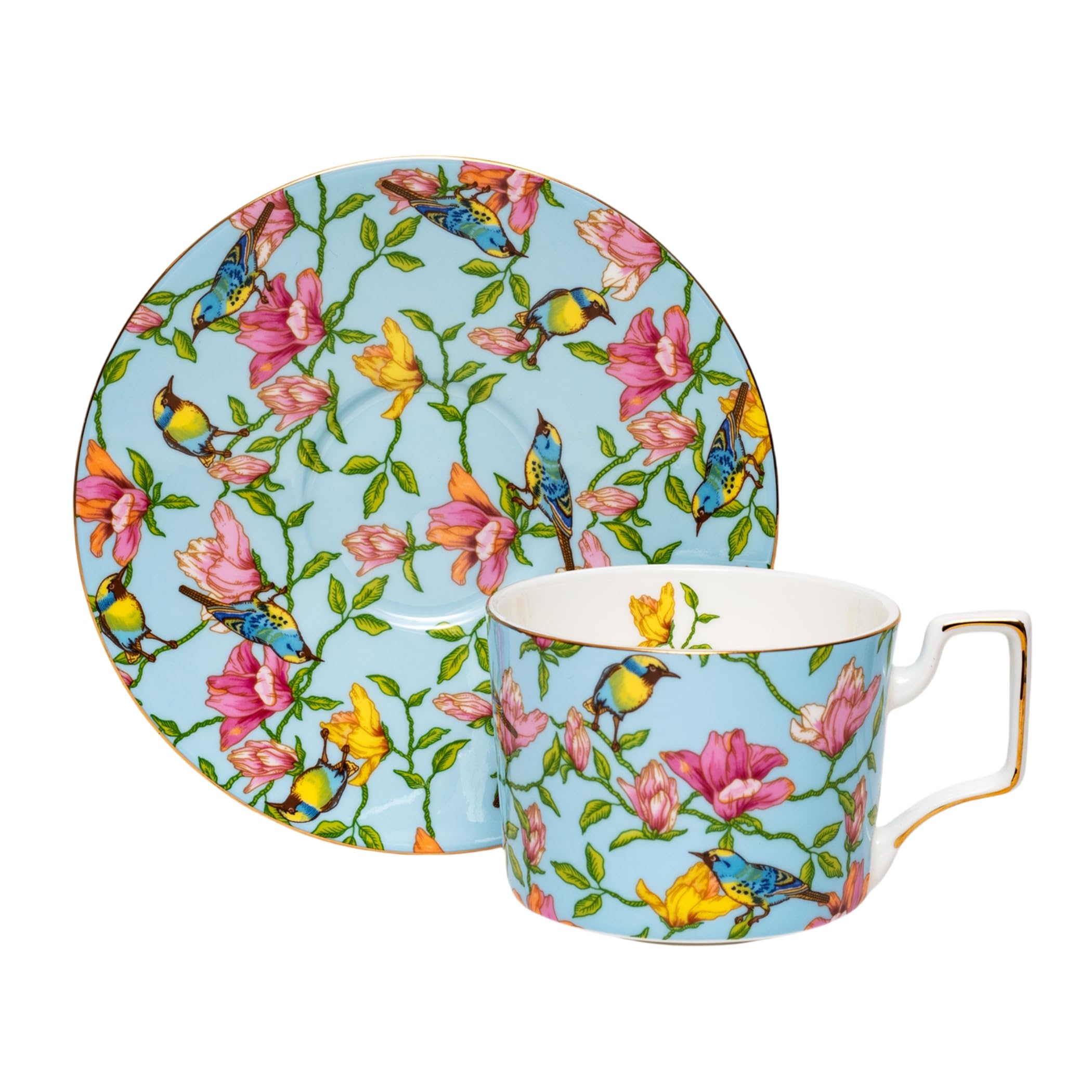 8 Ounces Vintage Floral Patterns Tea Cup and Saucer Set Floral Coffee Mugs Bone China Tea Cups Coffee Tea Cup for Tea Party Women Mom (Blue)