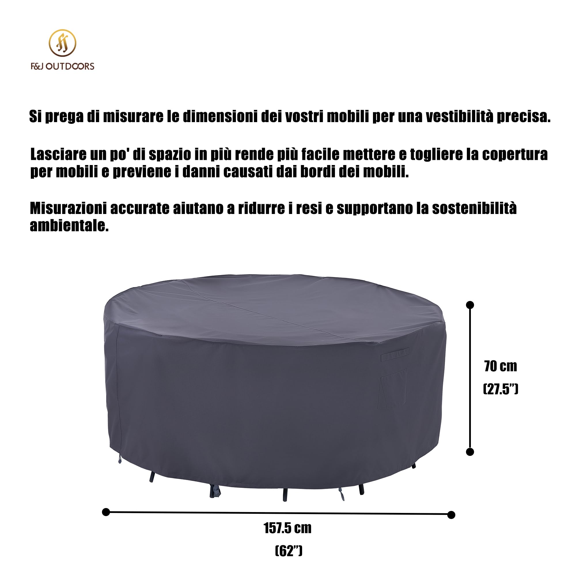 F&J Outdoors Copertura Protettiva per Tavoli da Giardino Robusta Impermeabile Protezione Neve Copertura per Tavolo da Terrazza Resistente alle Intemperie in Estate e Inverno Rotonda 157,5x70cm