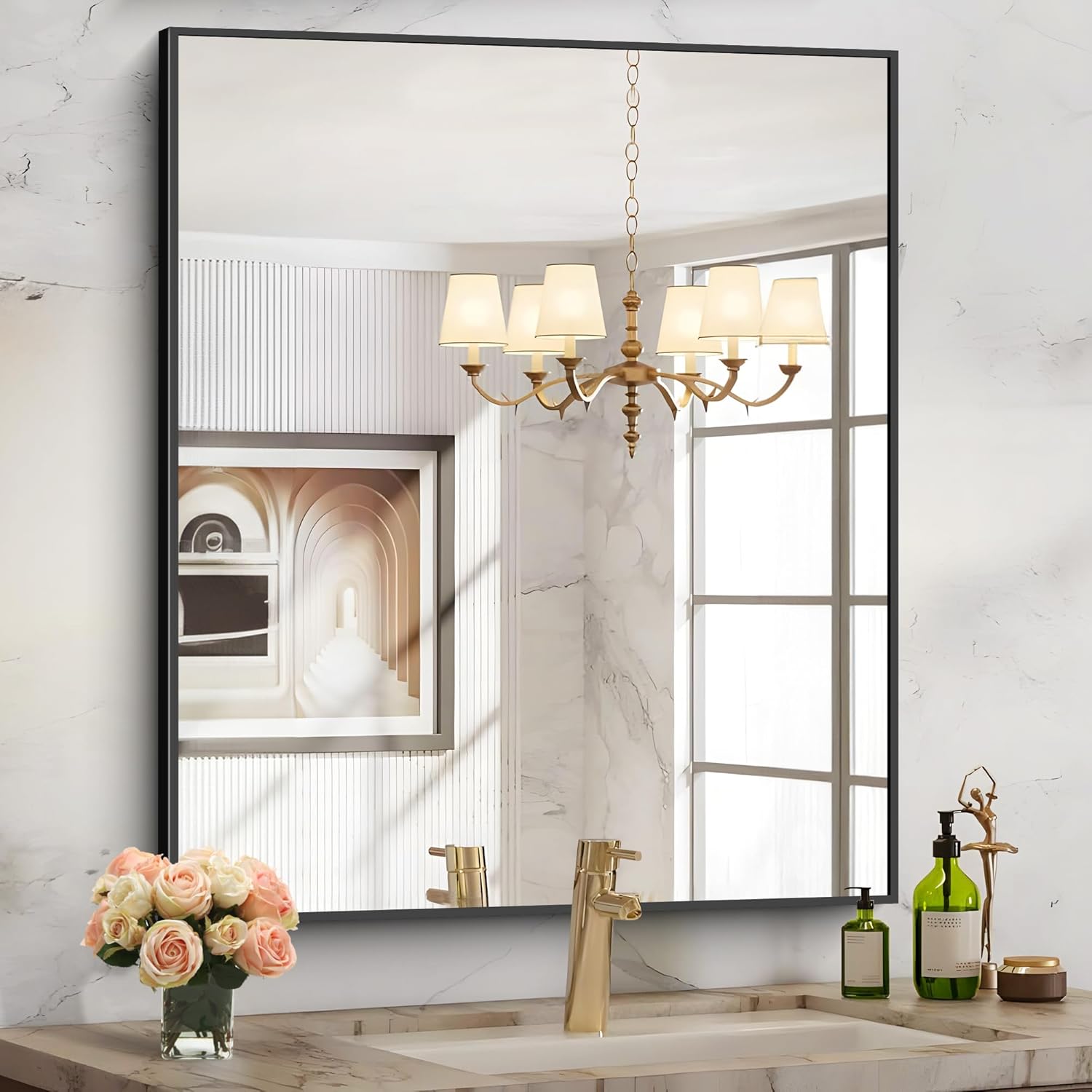 Black Bathroom Mirror for Wall, 30x36 Inch Rectangle Mirrors with Metal Frame, Modern Vanity Wall Mirror for Bathroom Living Room, Entryway Hangs Horizontal or Vertical Black 30x36inch