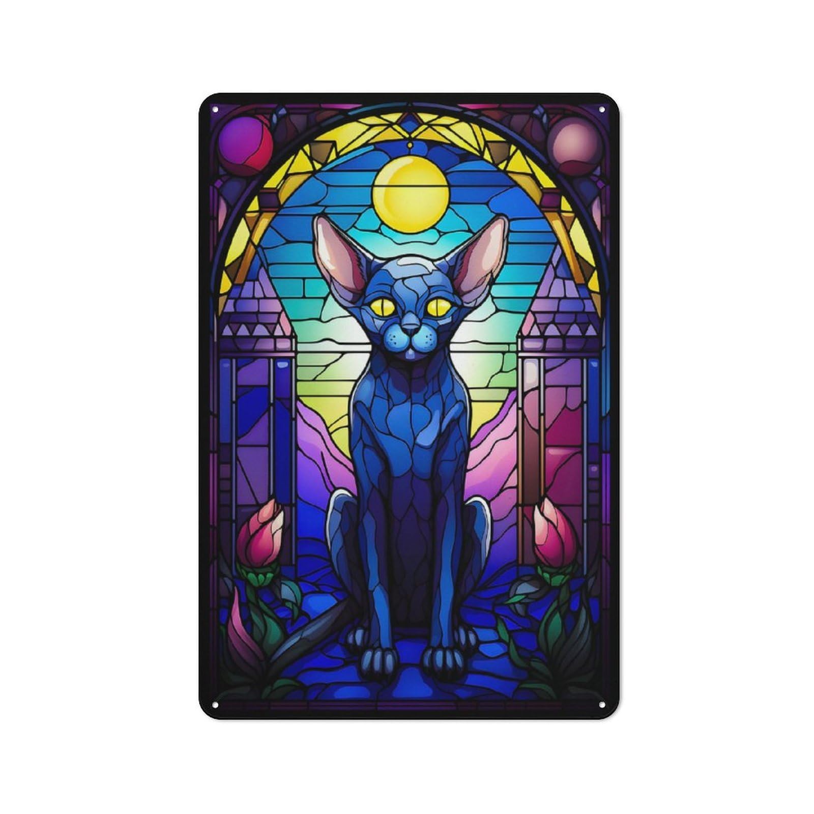 Junmoney The Sphynx Cat Blue Staine Tin Wall Plaque 30X20cm With For Home Bar Wall, For Kitchen And Home Bar Decor, For Home Office And Studio Walls