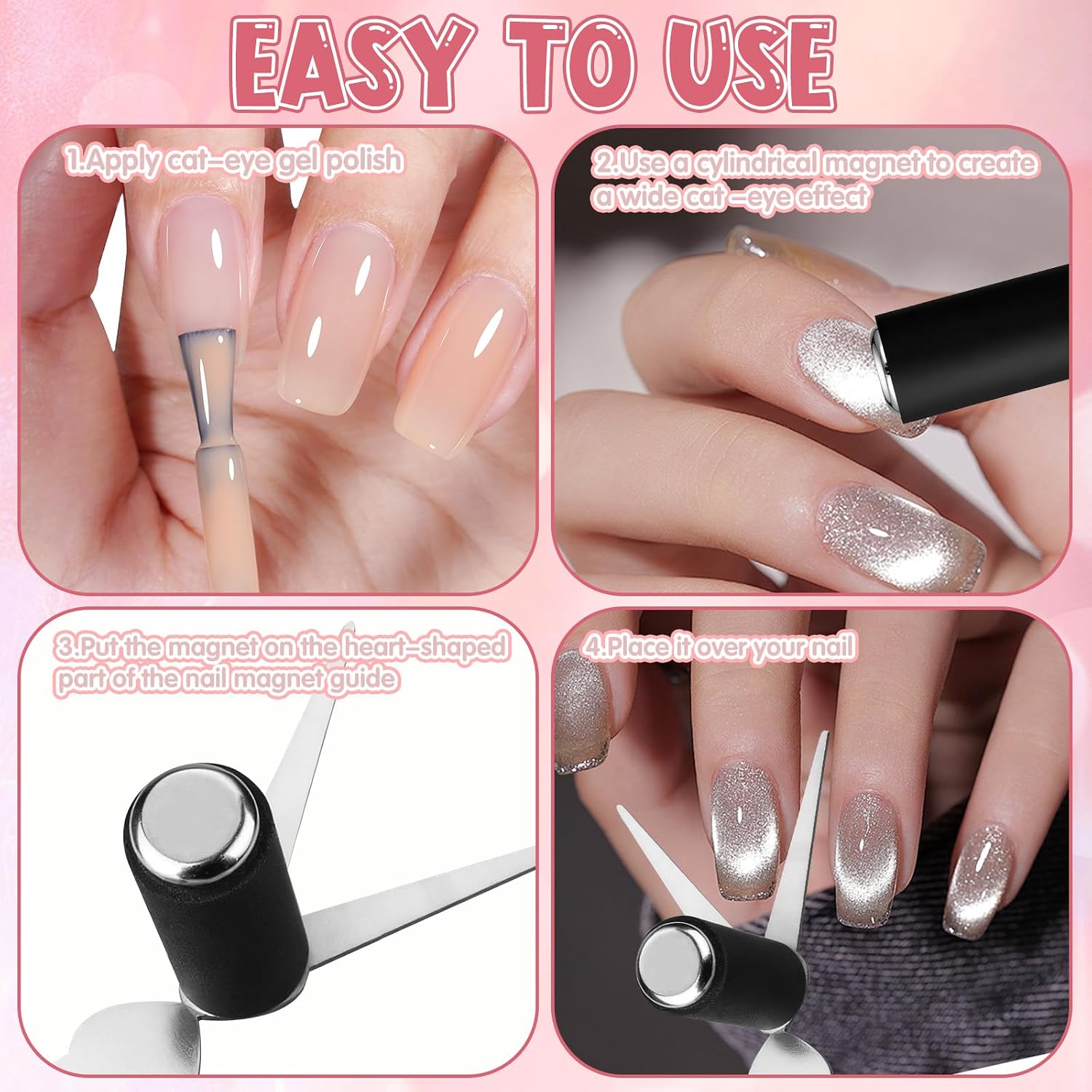 3Pcs Cat Eye Magnet for Nails - 3-in-1 Nail Art Magnet Kit with Scissor & Cylinder Magnets to Create Glass Beads, Wide & Curved Cat Eye Gel Polish Designs, Great for Salon & DIY Manicure