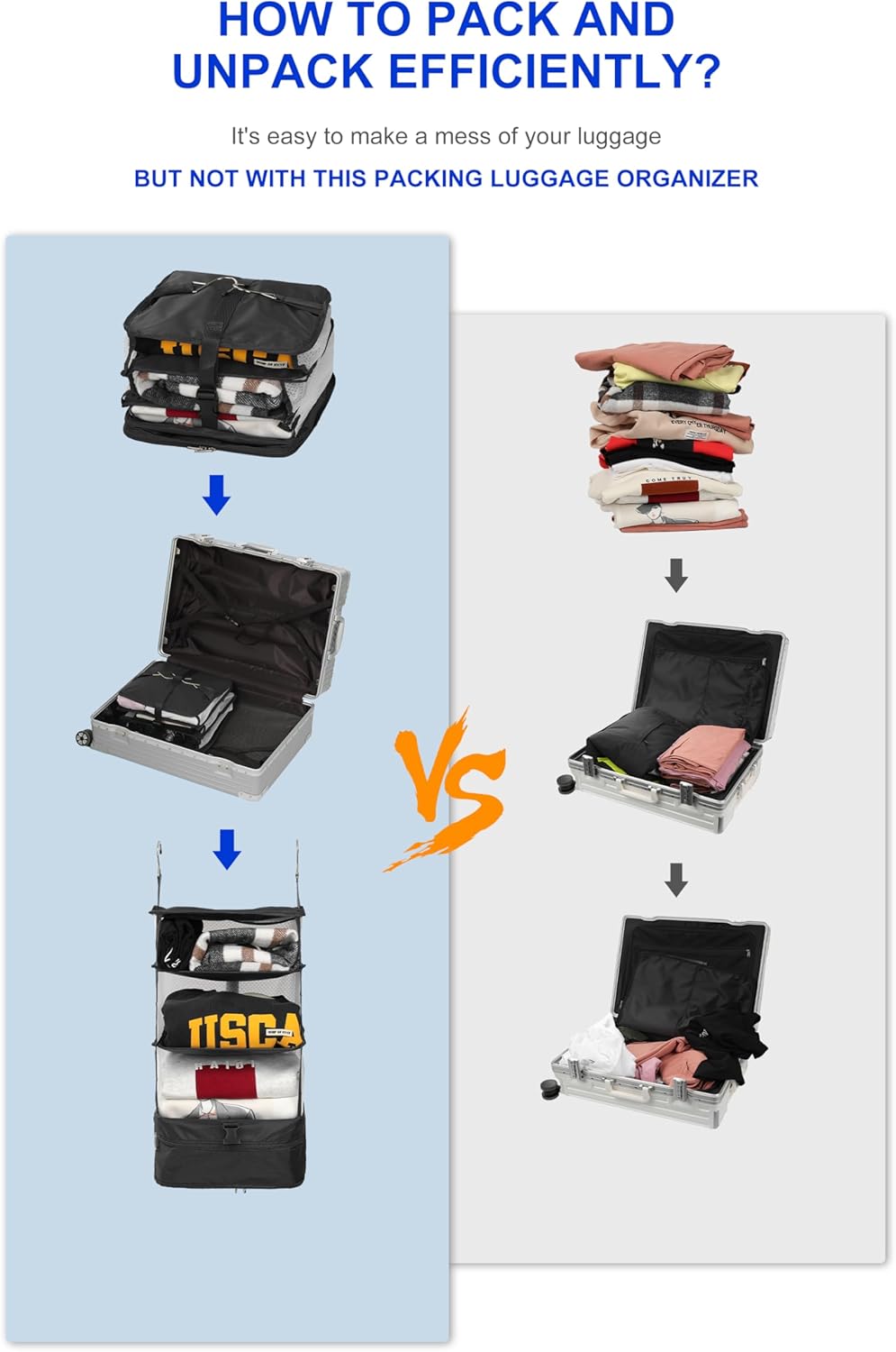 ELEZAY Hanging Packing Cubes Portable Travel Closet Collapsible Compression Clothes Organizer with Built in Shelves for Carry-on Luggage Suitcase Wardrobe Large_11.8*11.8*24 IN, Black - Image 2