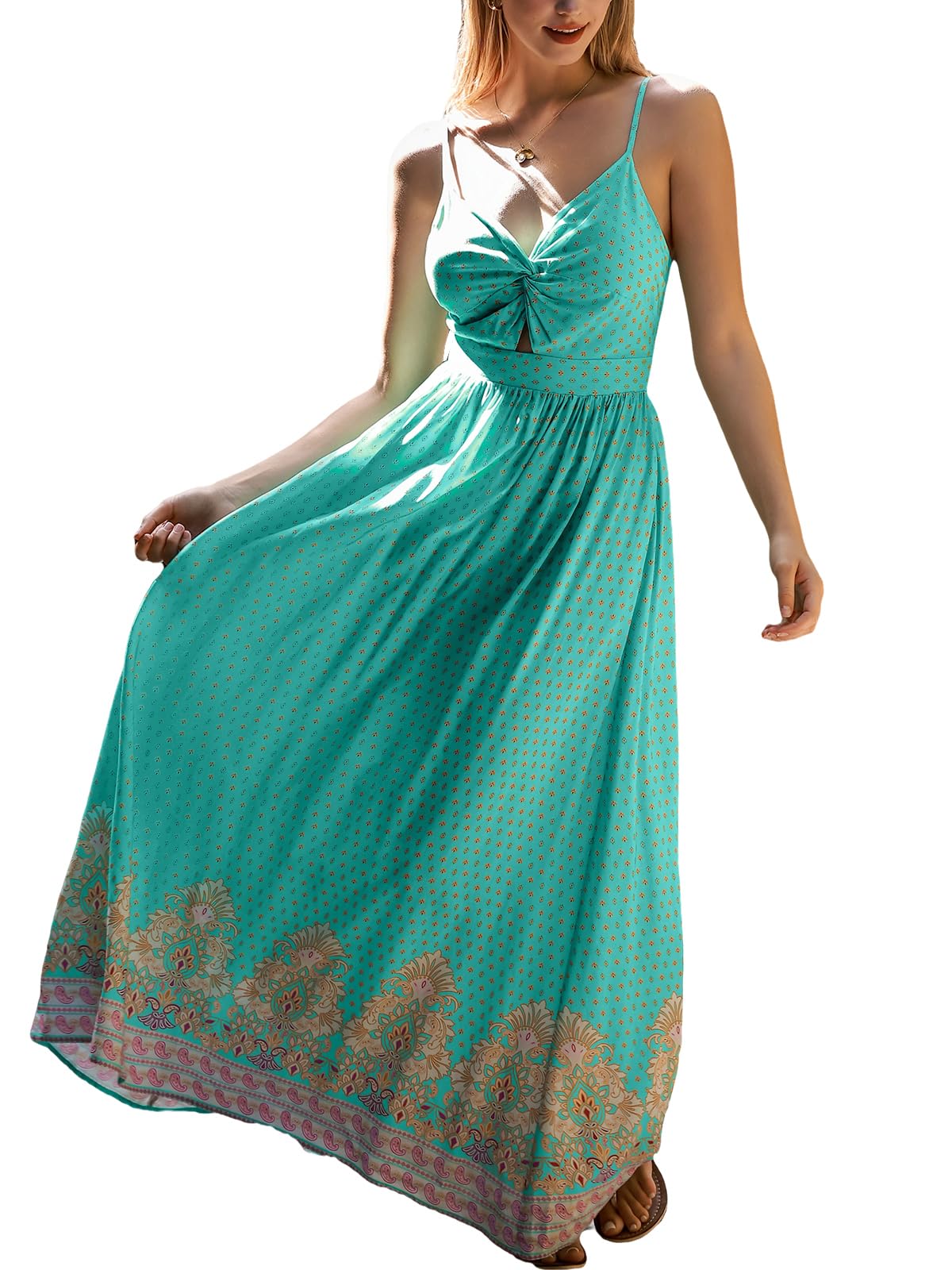 CUPSHE Women's Summer Dress, V-Neck, Twist Front, Boho Strappy Casual Camisole Dress, for Beach, Party, Aqua blue
